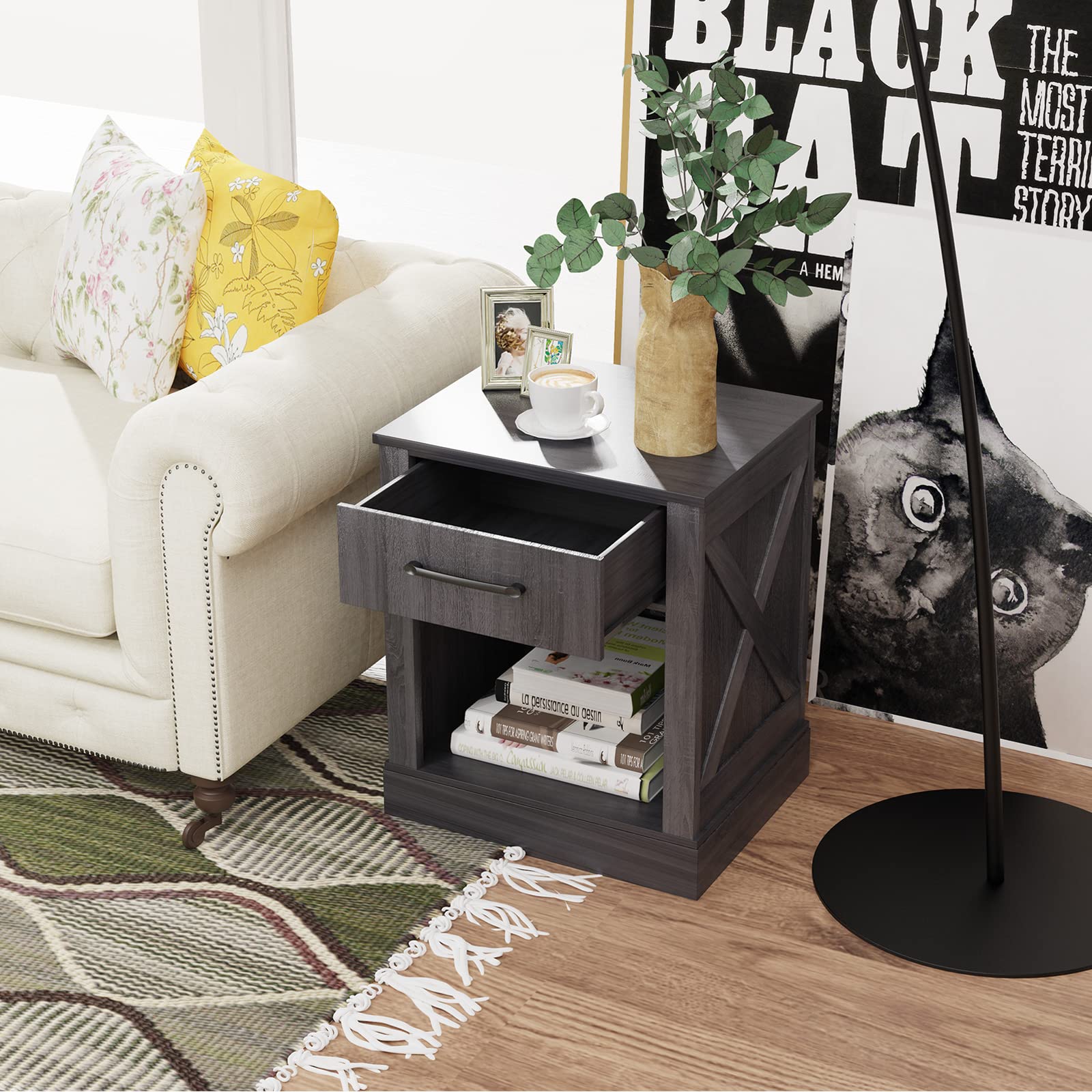 Giantex Farmhouse Nightstand Set of 2 - Rustic Wooden End Tables with Drawers & Open Shelf - Black Bedside Tables for Bedroom, Living Room & Office Use