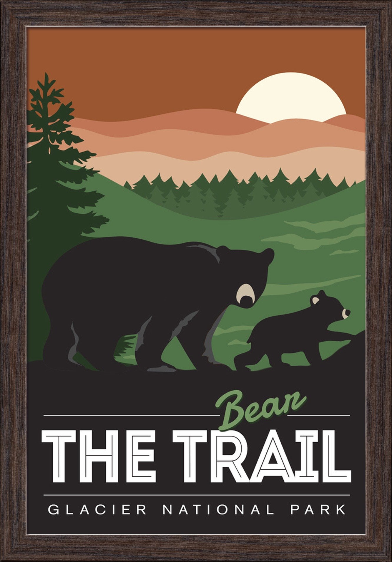 Glacier National Park Montana Bear the Trail Fine Art Print - 16x24 Giclee on Recycled Wood Frame in Espresso Brown - Perfect for Home Office Decor & National Park Lovers Gift