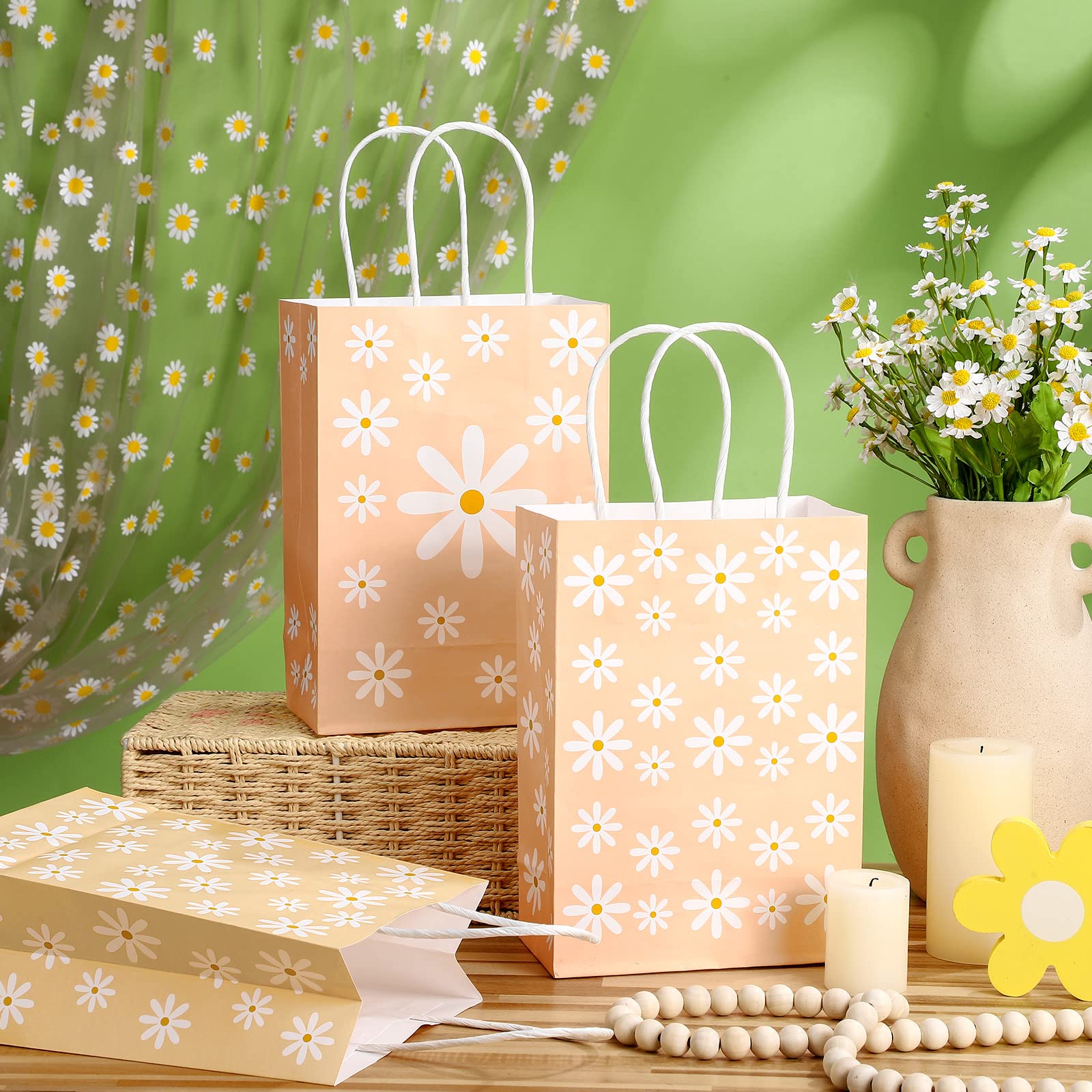 24 Pcs Daisy Flower Goodie Bags with Handles - Groovy Hippie Party Favors for Birthday, Baby Shower & Boho Themed Events - Perfect for Retro Decorations, Gift Giving and Hippie Girl Party Supplies