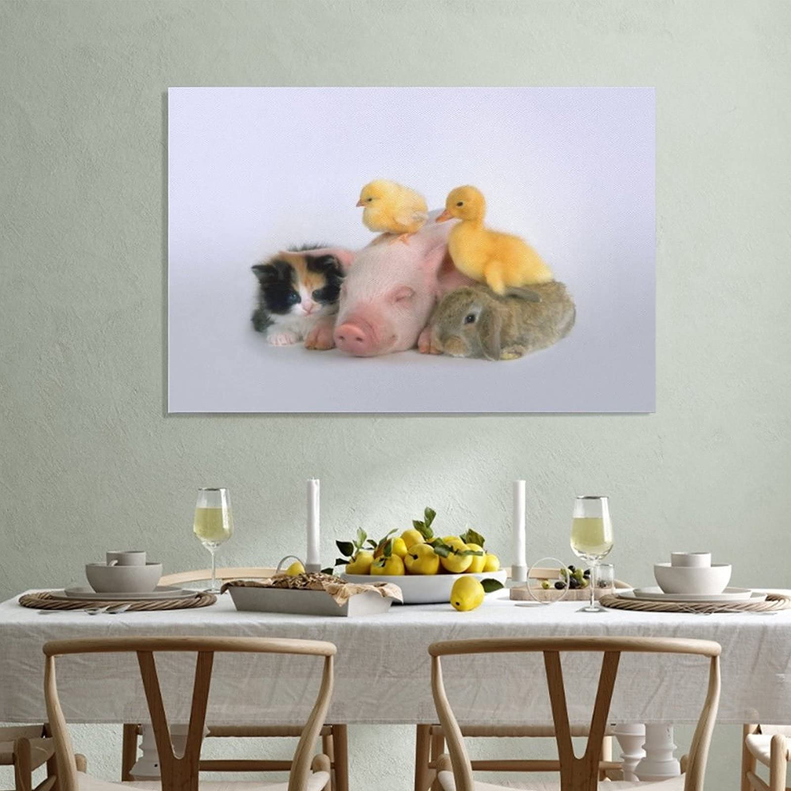 Cute Animal Canvas Wall Art - Pig, Duckling, Chicken, Cat Print Painting for Living Room, Bedroom, Office Decor | Nursery, Kids Room, Gift Idea
