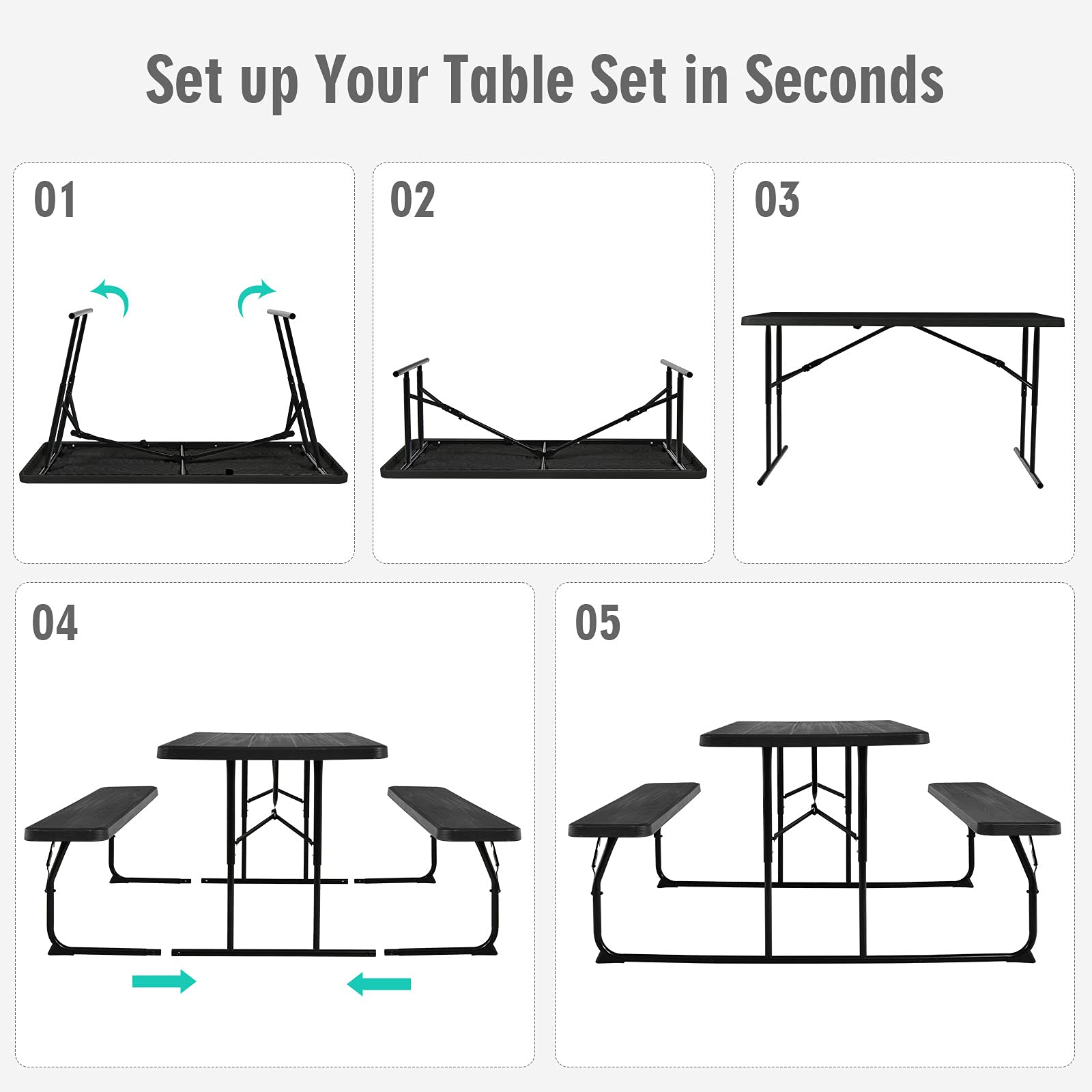 Gymax 550 LBS Capacity Folding Picnic Table with Benches - Weather-Resistant Portable Outdoor Picnic Table for Patio, Deck, BBQ, Camping & Backyard Gatherings - Easy Setup Wood-Like Design (Black)