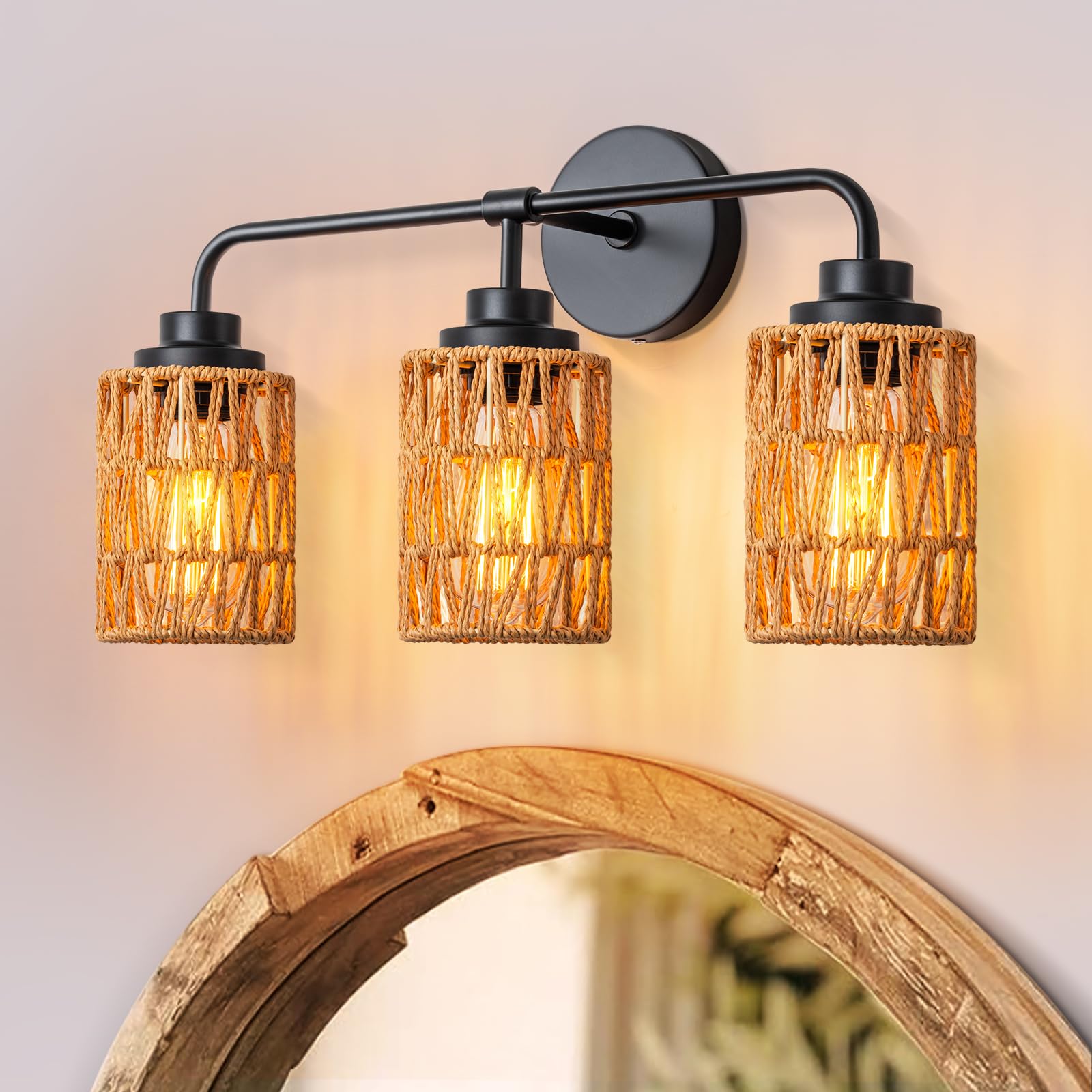 3-Light Rustic Farmhouse Vanity Lighting - Boho Rattan Wall Sconce with Hand Woven Design for Bathroom Mirror, Bedroom & Hallway - Natural Style Wall Mounted Fixture for Home Decor