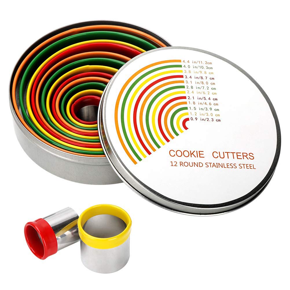 Premium 12-Piece Stainless Steel Round Cookie Cutter Set - Graduated Sizes for Baking, Pastry, Donuts, Fondant & Clay - Durable Cake Ring Molds with Non-Slip Rubber Coating - Perfect for Home Bakers, Holiday Cookies & DIY Crafts