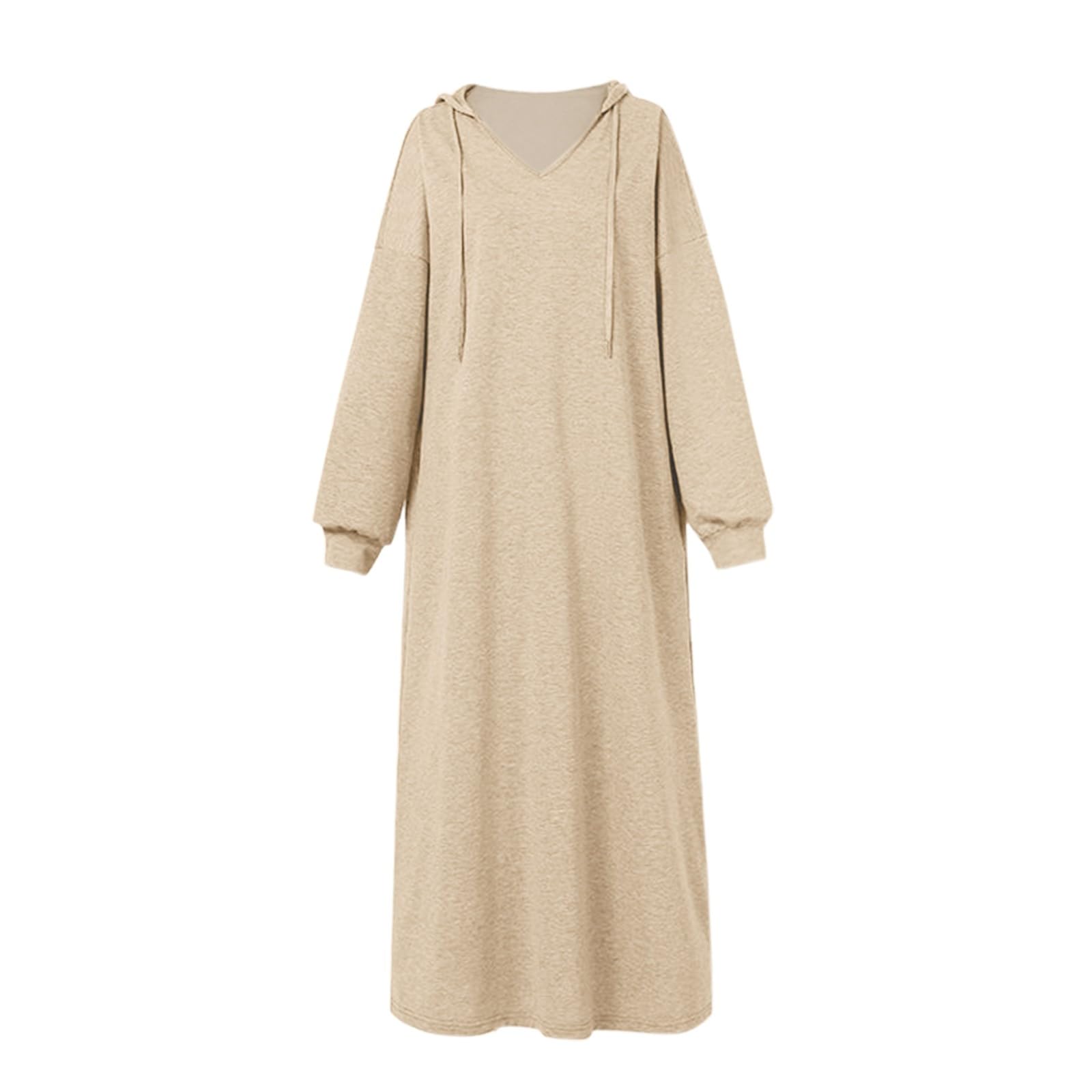 Women's Thin Long Sleeve Drawstring Solid Loose V-Neck Casual Hooded Dress - Elegant Wedding Guest Outfit for 2024 | Perfect for Bridal Showers, Cocktail Parties & Spring Events