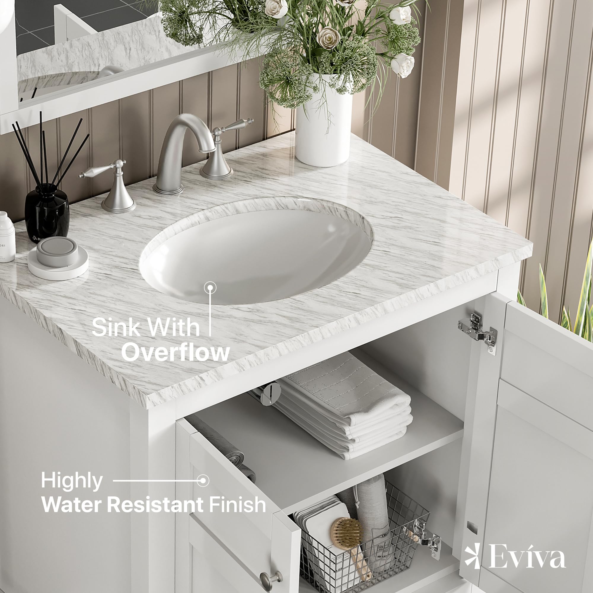 Eviva 30 Inch White Bathroom Vanity - Solid Wood Bathroom Sink Cabinet with Mirror, Modern Bathroom Vanity Set for Small Spaces | Perfect for Master Bath, Guest Bath & Apartment Renovation