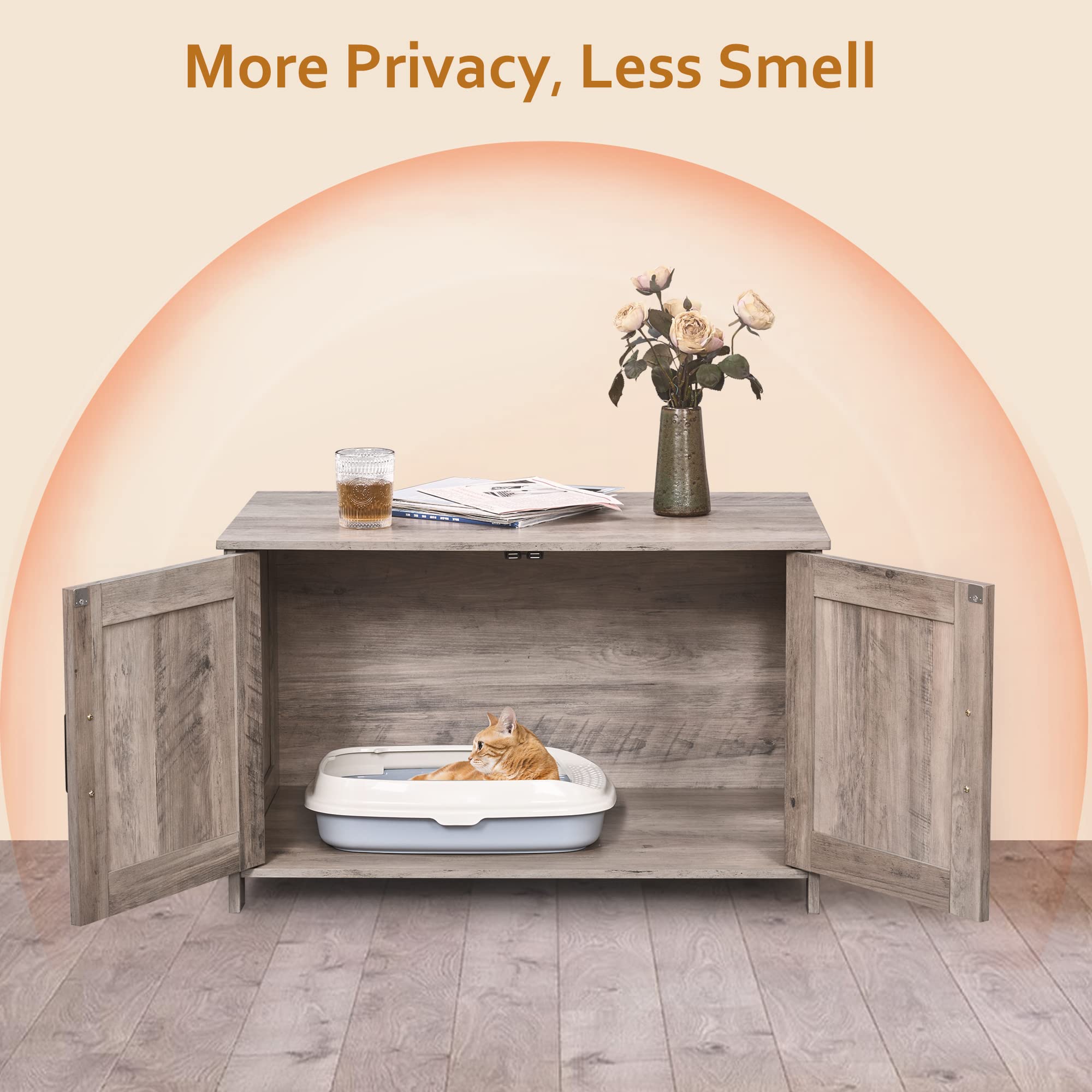 Homhedy Wooden Cat Litter Box Enclosure - Modern Cat Washroom Furniture with Barn Door | Fits Most Litter Boxes | Greige Finish | Perfect for Small Spaces & Home Decor