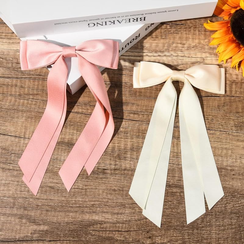 Luxury Silky Satin Hair Bows - 2PCS Beige & Pink Hair Clips with Metal Slides | Elegant Ponytail Holder & Hair Ribbon Accessories for Women, Girls, Toddlers, Teens & Kids | Perfect for Weddings, Parties & Everyday Styling