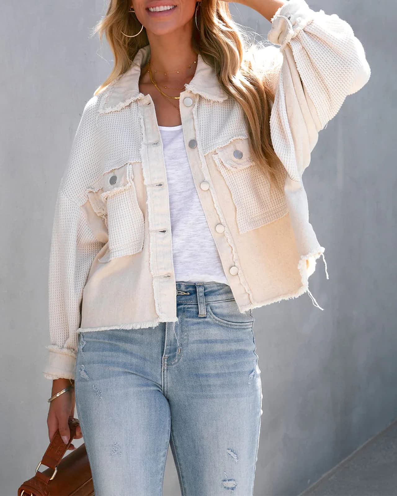 Women's Cropped Waffle Knit Shacket - Denim Stitch Detail Button Down Long Sleeve Loose Jacket Top for Casual Outfits & Layering in Fall/Winter