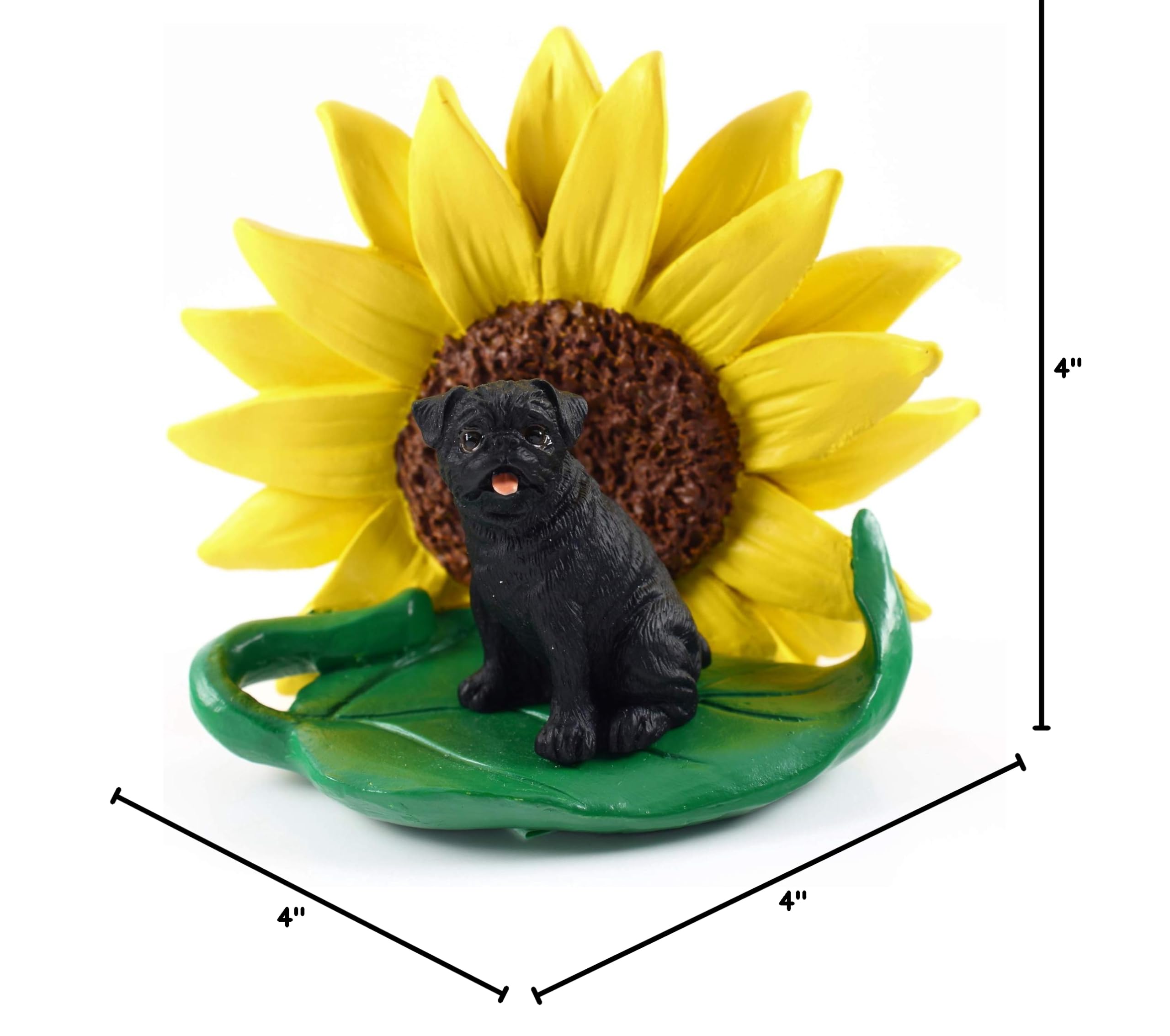 Realistic Hand-Painted Pug Figurine with Sunflower - Black Dog Statue Gift for Home & Office Decor | Perfect for Summer Nursery, Spring Shower Present & Desk Accessories