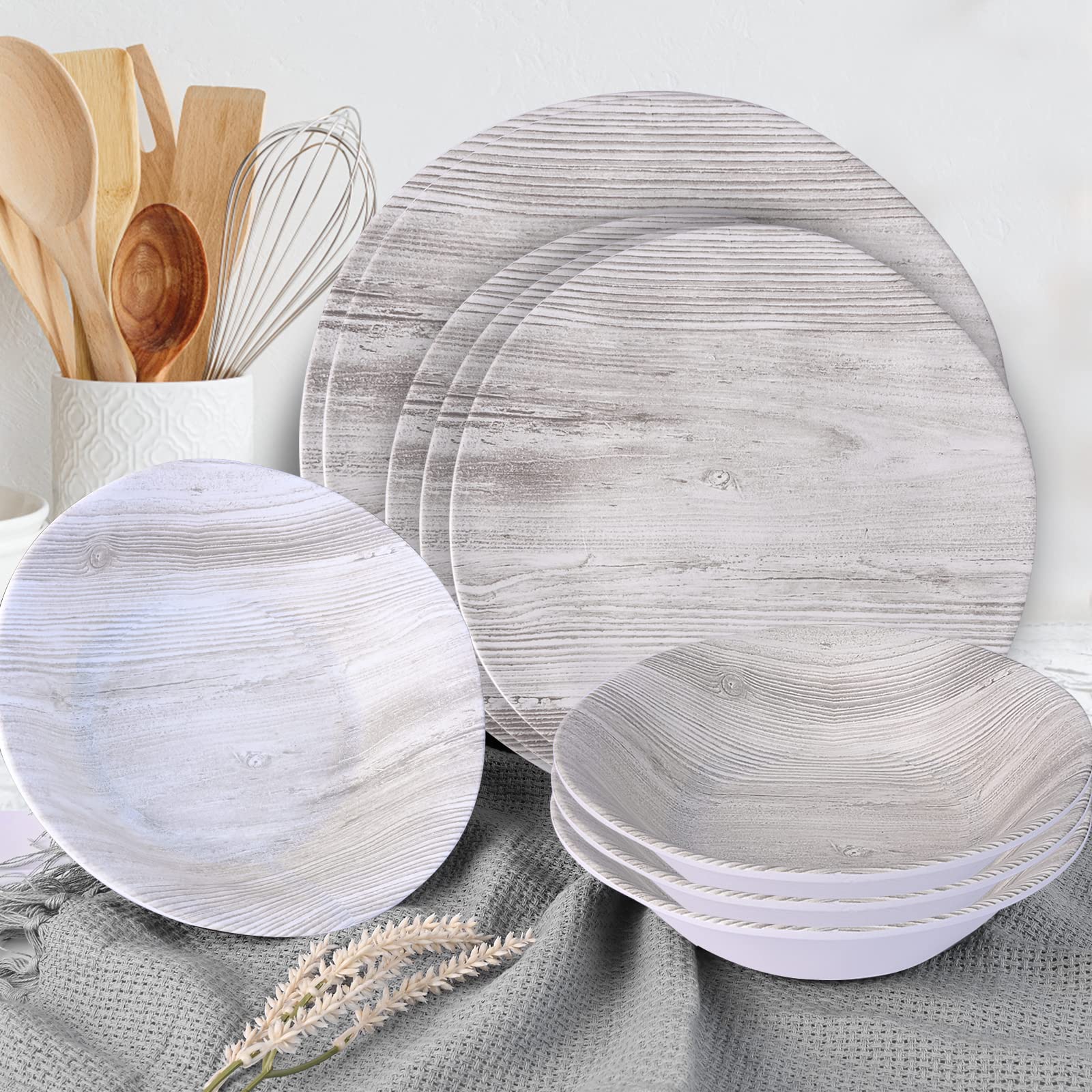Melamine Dinnerware Set - 12-Piece Wood Grain Plates & Bowls for Indoor/Outdoor Use | Durable, Dishwasher Safe Camping Dishes for Summer & Fall | Perfect for Picnics, BBQs, and Outdoor Dining (Gray)