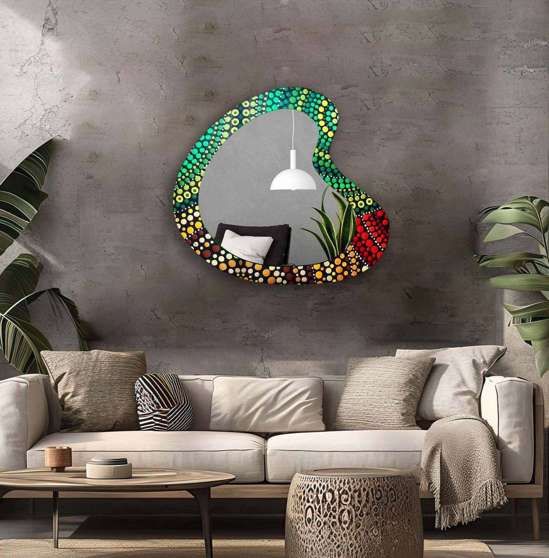 Asymmetrical Green Mosaic Glass Wall Mirror - Handmade Decorative Mirror for Living Room, Bedroom, Bathroom & Entryway - Unique Home Decor Accent Piece