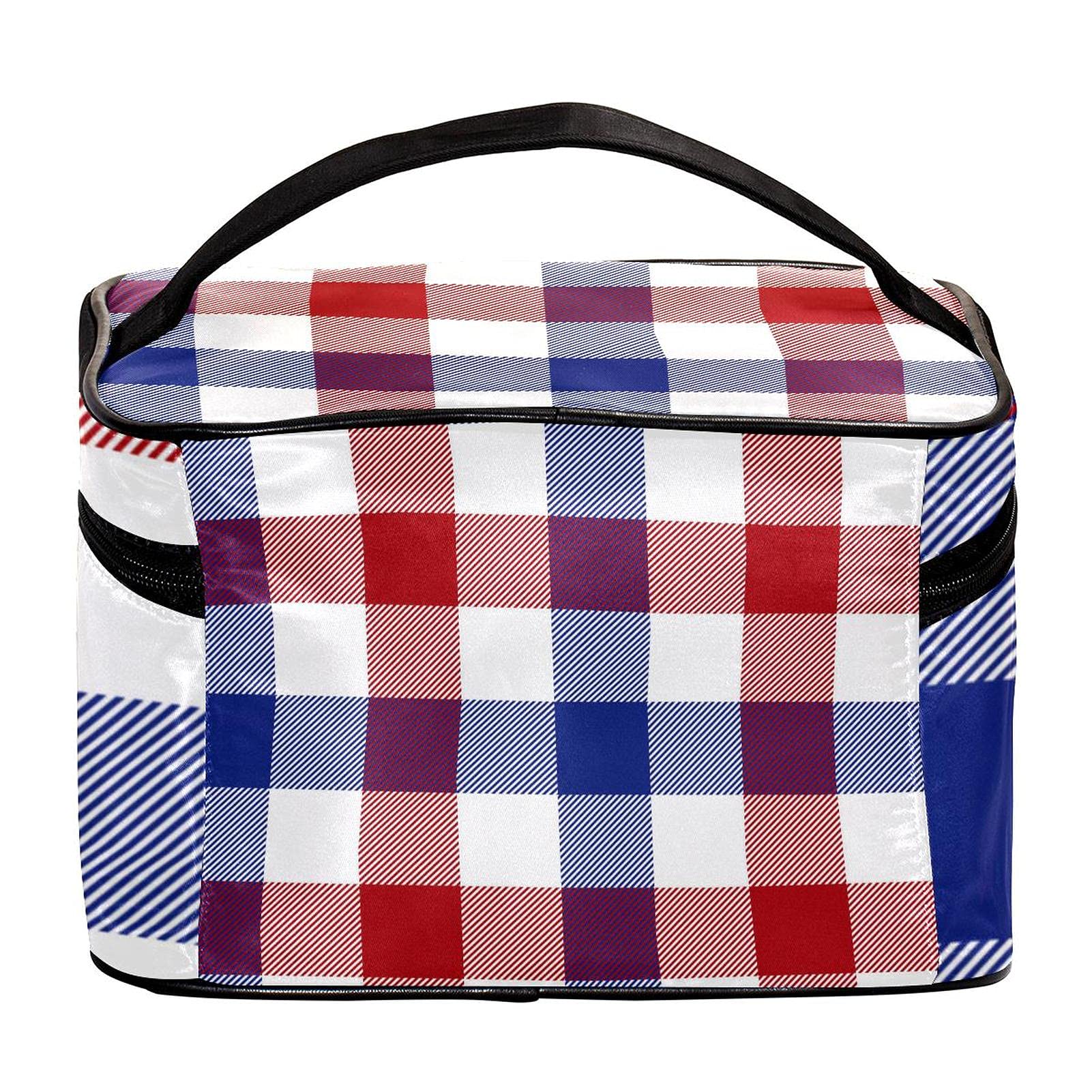 Blue Red White Plaid Travel Makeup Bag - Large Cosmetic Organizer with Zipper - Waterproof Toiletry Bag for Women & Girls - Perfect for Travel, Gym, and Daily Essentials Storage
