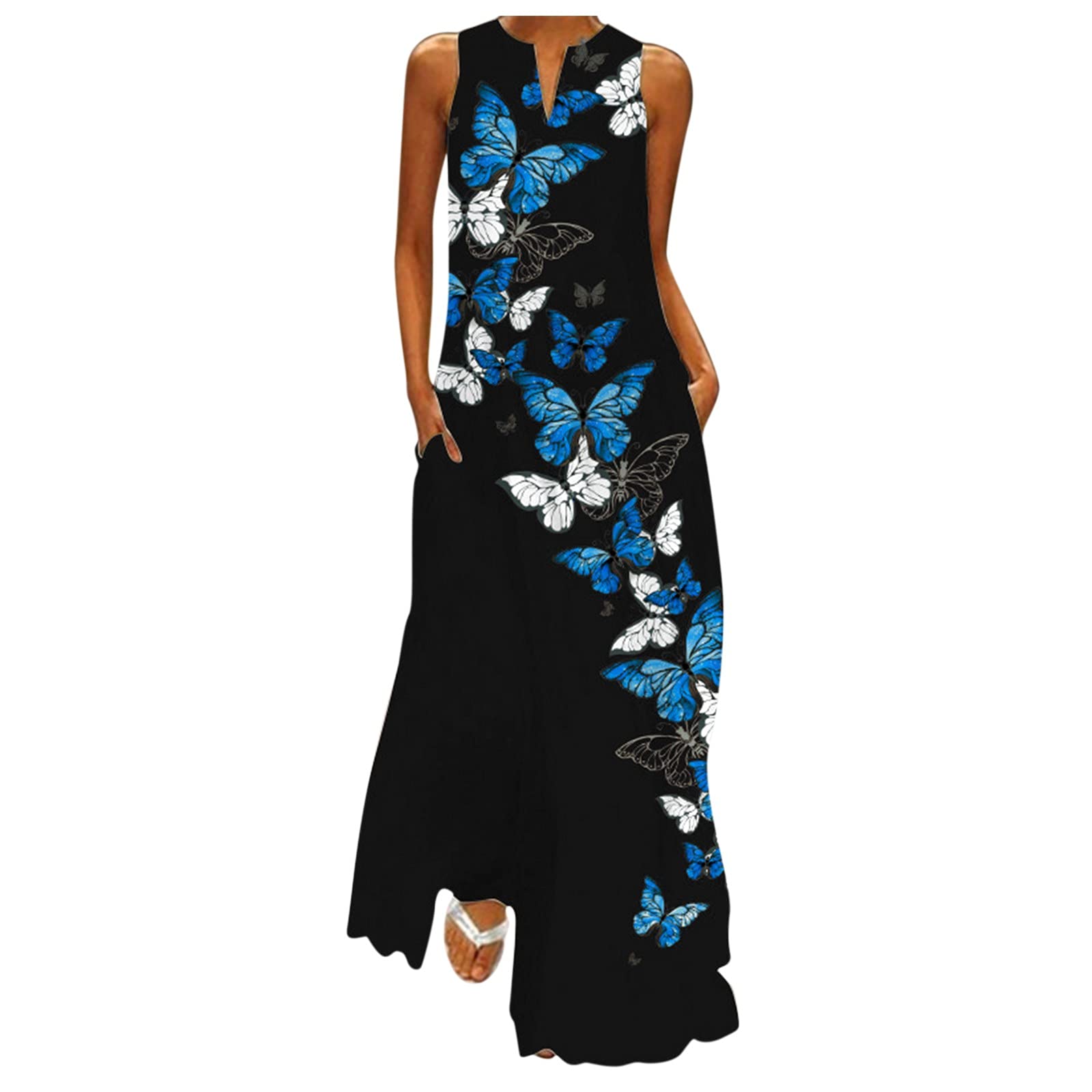 Women's Vintage Floral Print V-Neck Sleeveless Maxi Sundress - Casual Summer Dress for Beach, Vacation & Outdoor Activities | Hotkey A-49