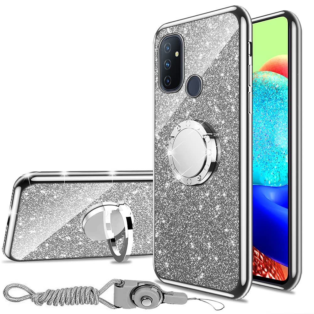 OnePlus Nord N100 Phone Case with Ring Kickstand & Lanyard - Cute Glitter TPU Bumper Cover for Shockproof Protection (Silver) - Perfect for Women, Men & Teens - Daily Use, Work, Travel & Outdoor Activities
