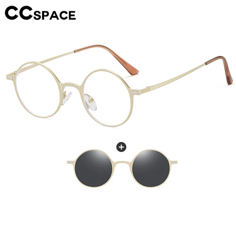 CCspace Women's Full Rim Round Alloy Eyeglasses with Clip-On Sunglasses - Stylish & Lightweight Frame for Reading, Driving, and Outdoor Activities (Model 302147)