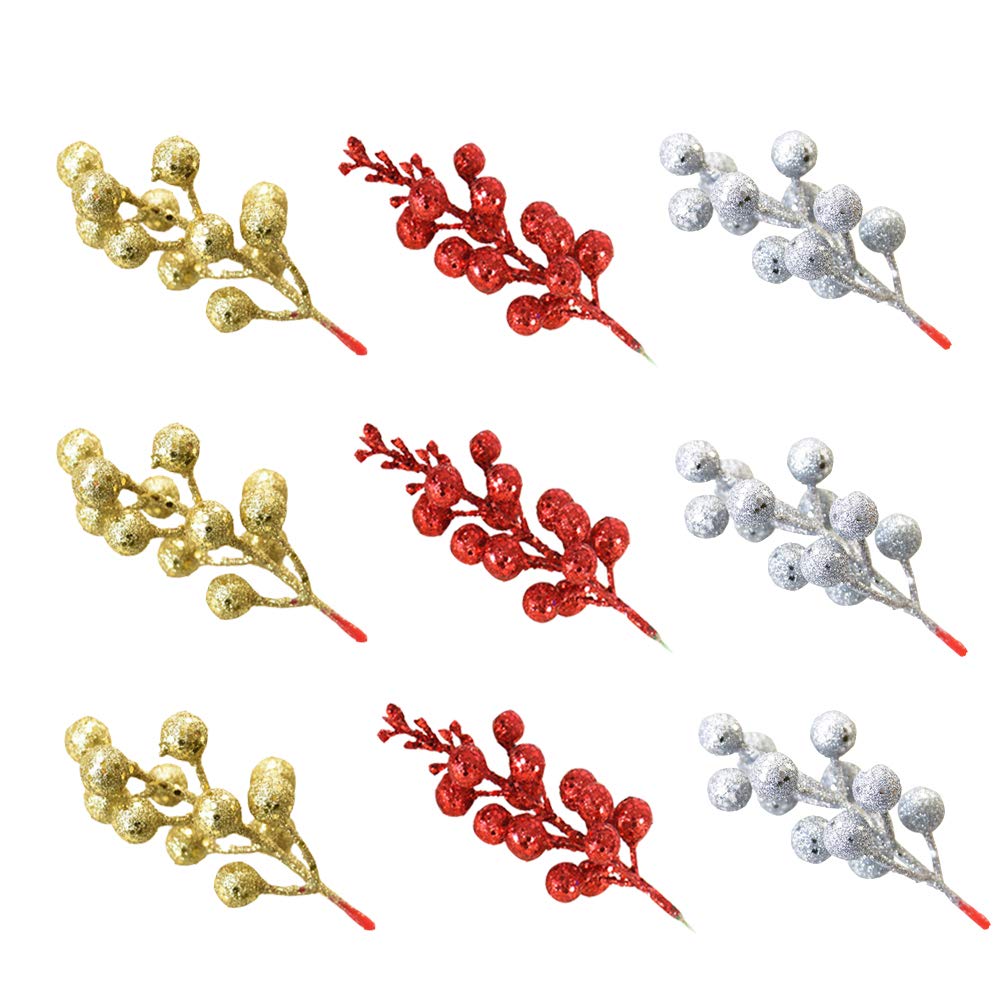 Greatstar Artificial Berry Branches with Glitter Powder - Realistic Fake Berry Decor for Christmas, Home, and Party (Red, Silver, Gold) - 15-Pack Set - Perfect for Holiday Centerpieces, Wreaths, and Tabletop Decorations
