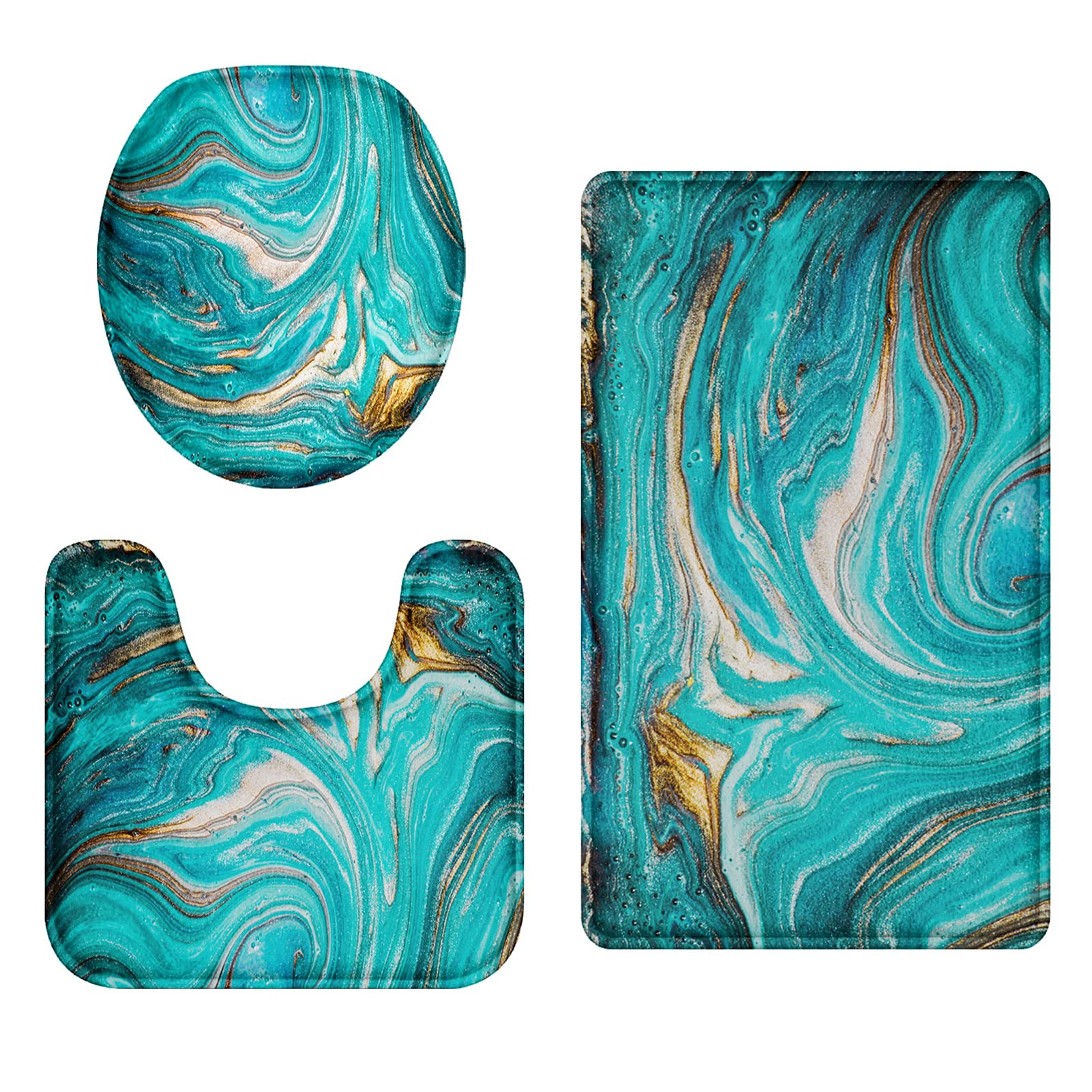 Britimes Turquoise Bathroom Rug Set of 3 - Non-Slip Washable Teal Bath Mats with Green Marble Ripple Design for Bathroom, Kitchen & Bedroom Floor Decor - Soft & Absorbent for Shower, Vanity & Entryway