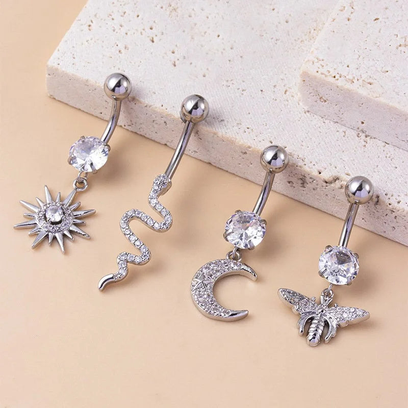 14G Surgical Steel Moon and Sun Top Mount Navel Ring - Hypoallergenic Belly Button Piercing Jewelry for Women | Perfect for Everyday Wear, Parties, and Body Piercing Enthusiasts
