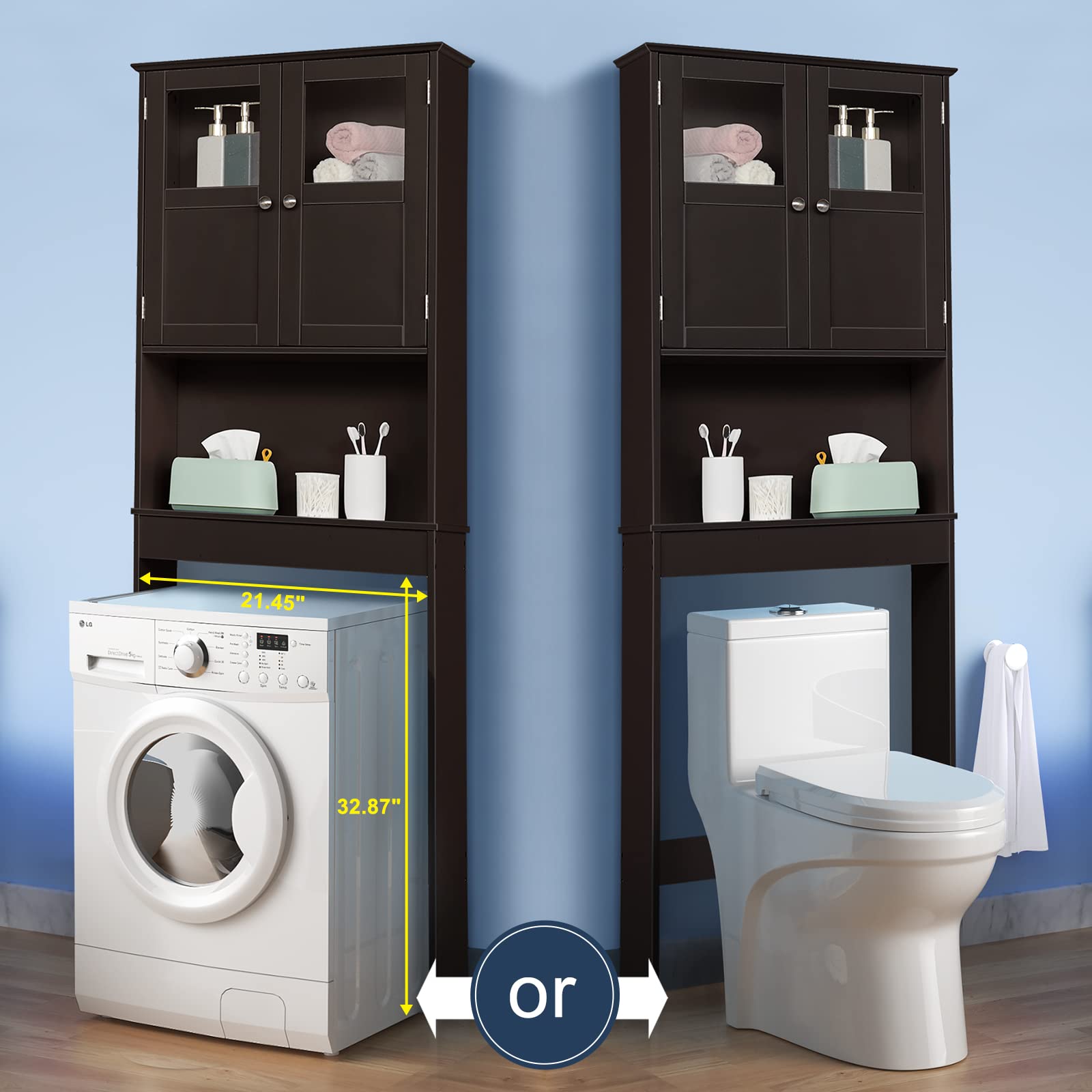 Bonnlo Over The Toilet Storage Cabinet - Freestanding Bathroom Organizer with Double Door Glass Window & Adjustable Shelves - Space Saving Towel Shelf for Toilet Paper, Cosmetics & Bath Essentials (Brown) - Perfect for Small Bathrooms, Apartments & Powder Rooms