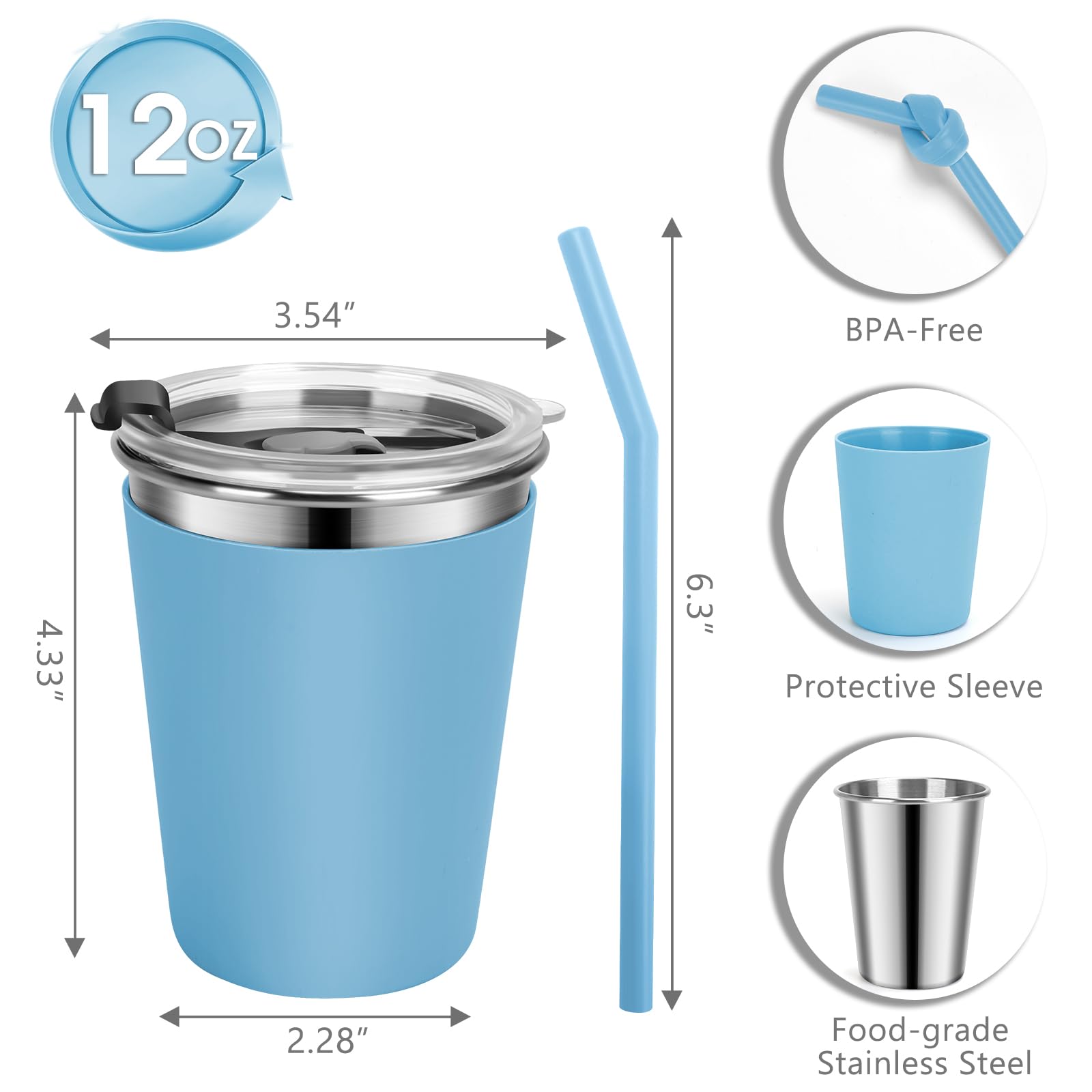 **5 Pack 12oz Stainless Steel Kids Cups with Lids & Straws - Leakproof, Unbreakable, Spill Proof Sippy Cups for School, Travel, Outdoor, and Home Use (Multicolor)**