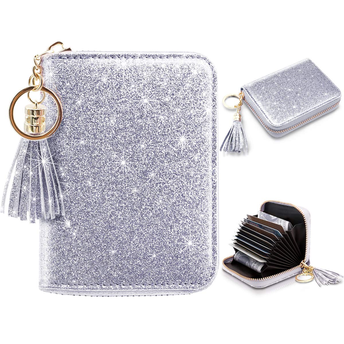 RFID Blocking Glitter Credit Card Holder for Women - Small Slim Wallet with Card Slots - Perfect for Travel, Shopping & Everyday Use