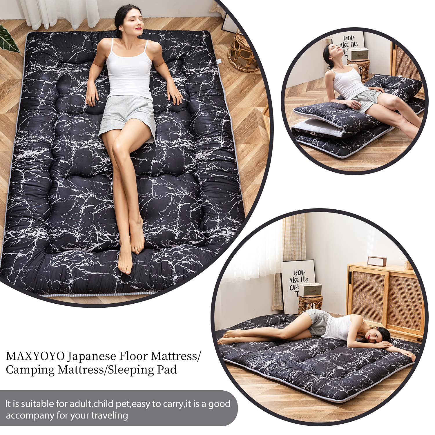 Black Marble Printed Japanese Futon Floor Mattress - Thick Roll-Up Sleeping Pad for Camping, Guest Bed & Home Use | King Size Floor Bed & Couch Topper | Perfect for Small Spaces, Sleepovers & Outdoor Adventures
