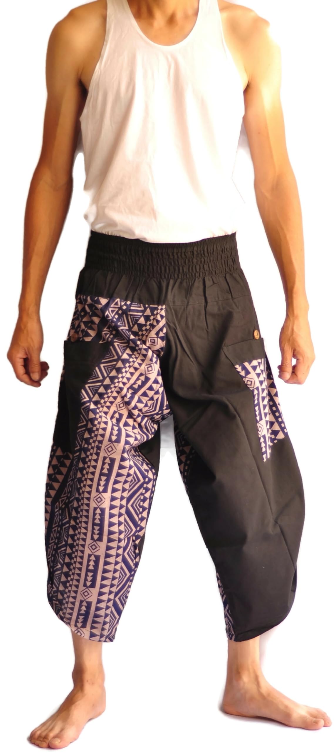 **Men's Harem Yoga Pants - High Waisted Loose Fit Navy Blue & Black Elephant Print Thai Fisherman Pants for Meditation, Lounge & Travel**