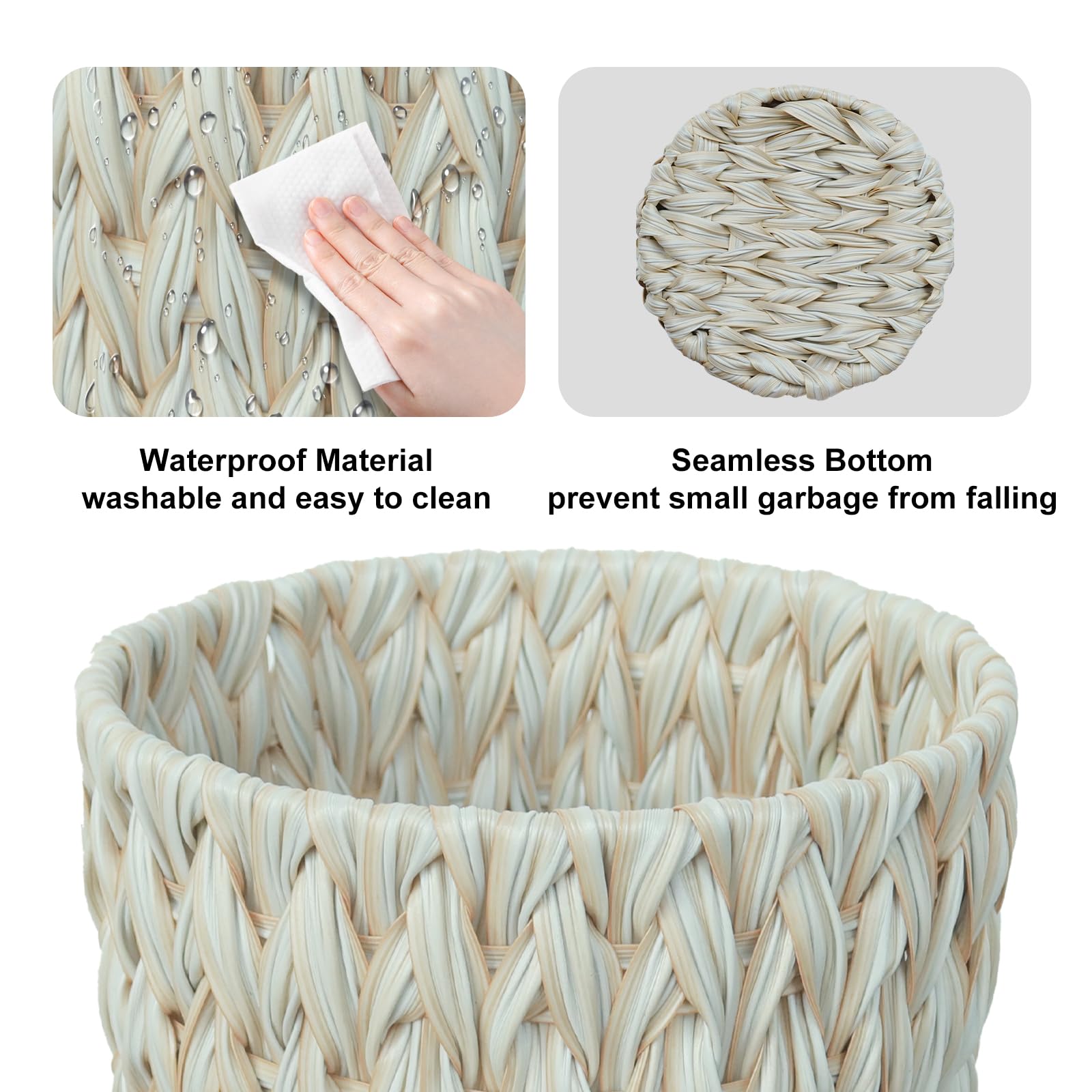 Wicker Trash Can 2 Gallon - Boho Decorative Waste Basket for Bathroom, Bedroom & Office - Cream White Small Garbage Bin - Perfect for Home, Dorm & Vanity Organization