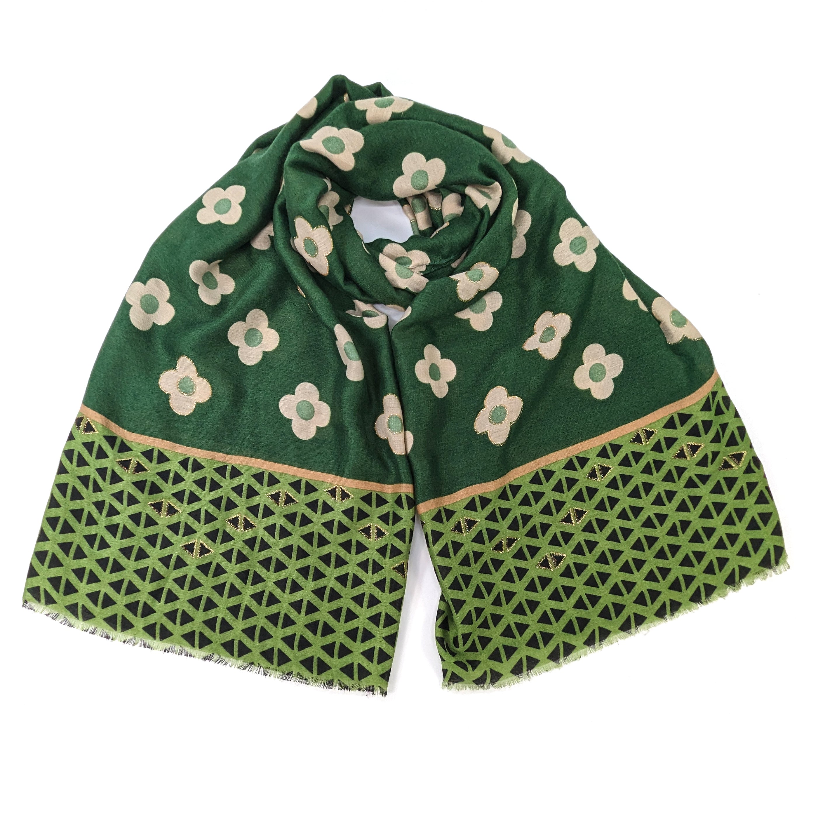 Vintage Gold Floral Print Scarf - Forest Green Silk Fashion Accessory (50x180cm) for Women's Boho Outfits, Fall Layering & Special Occasions