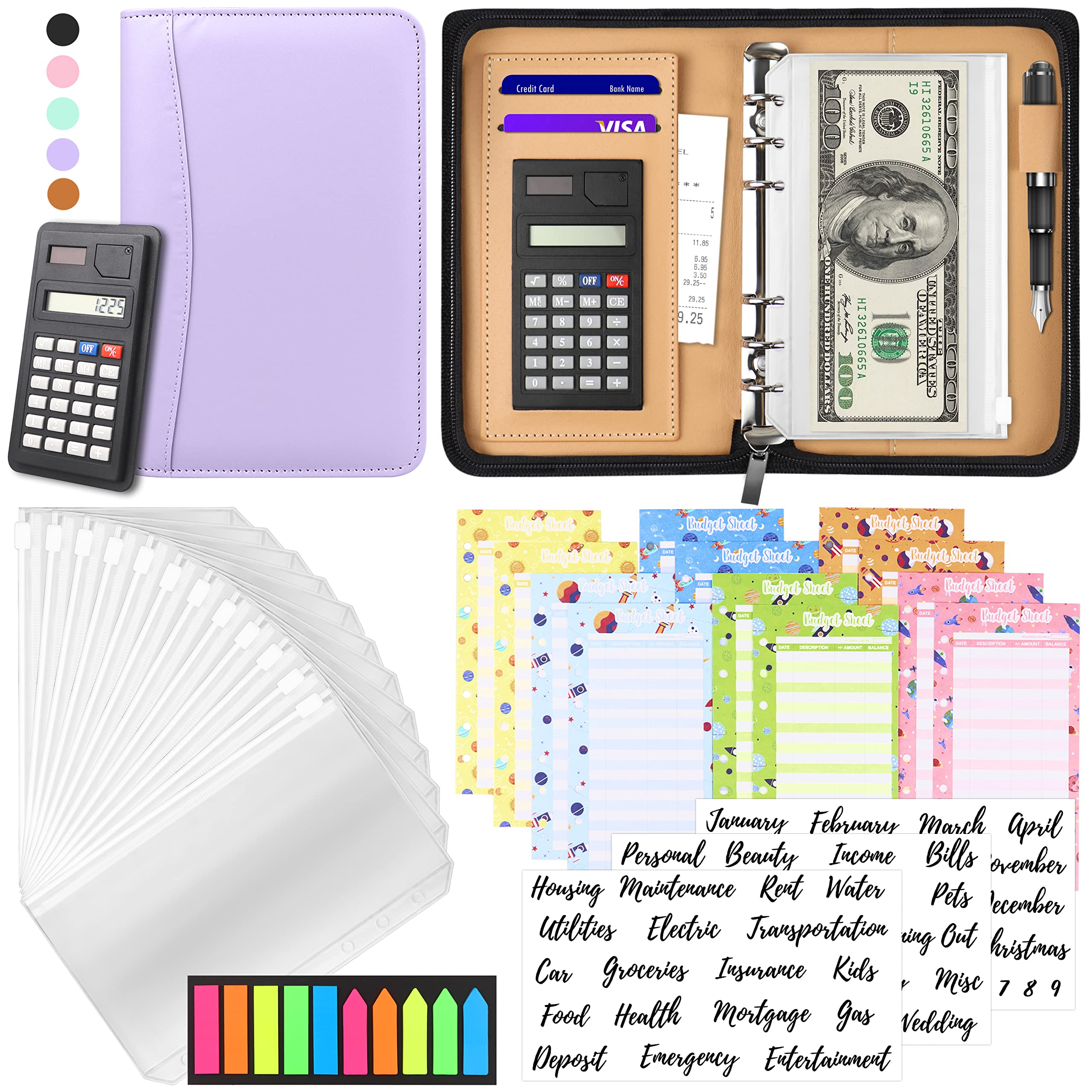 2025 A6 PU Leather Budget Binder with Zipper Envelopes - Cash Envelopes System for Budgeting, Money Organizer & Bill Calculator - Perfect for Cash Saving, Personal Finance & Dave Ramsey Envelope Method (Home/Office/Travel Use)