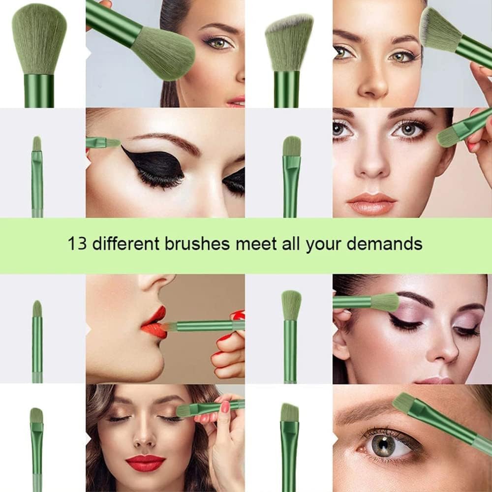 13-Piece Professional Makeup Brush Set - Foundation, Powder, Eyeshadow & Eyebrow Brushes with Synthetic Kabuki & Green Travel Bag | Celebrity Cosmetic Tools for Flawless Makeup Application | Perfect for Home, Salon & Travel Use