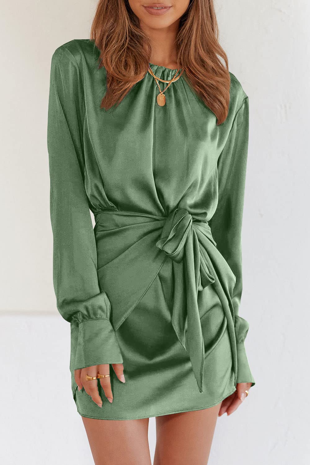 PRETTYGARDEN Women's Elegant Satin Cocktail Dress - Long Sleeve Tie Waist Mini Dress for Spring & Fall - Perfect for Party, Wedding Guest, Date Night & Special Occasions