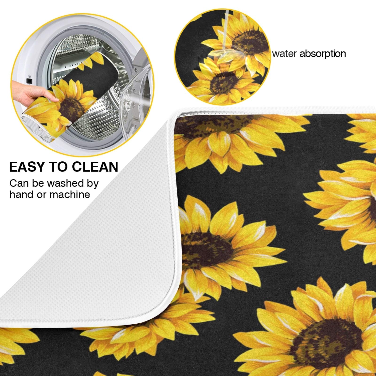 Absorbent Sunflower Dish Drying Mat - 16x18 Inch Polyester Kitchen Counter Mat with Hanging Loop | Quick-Dry Dish Rack Alternative for Sink, Countertop & Cabinet Organization