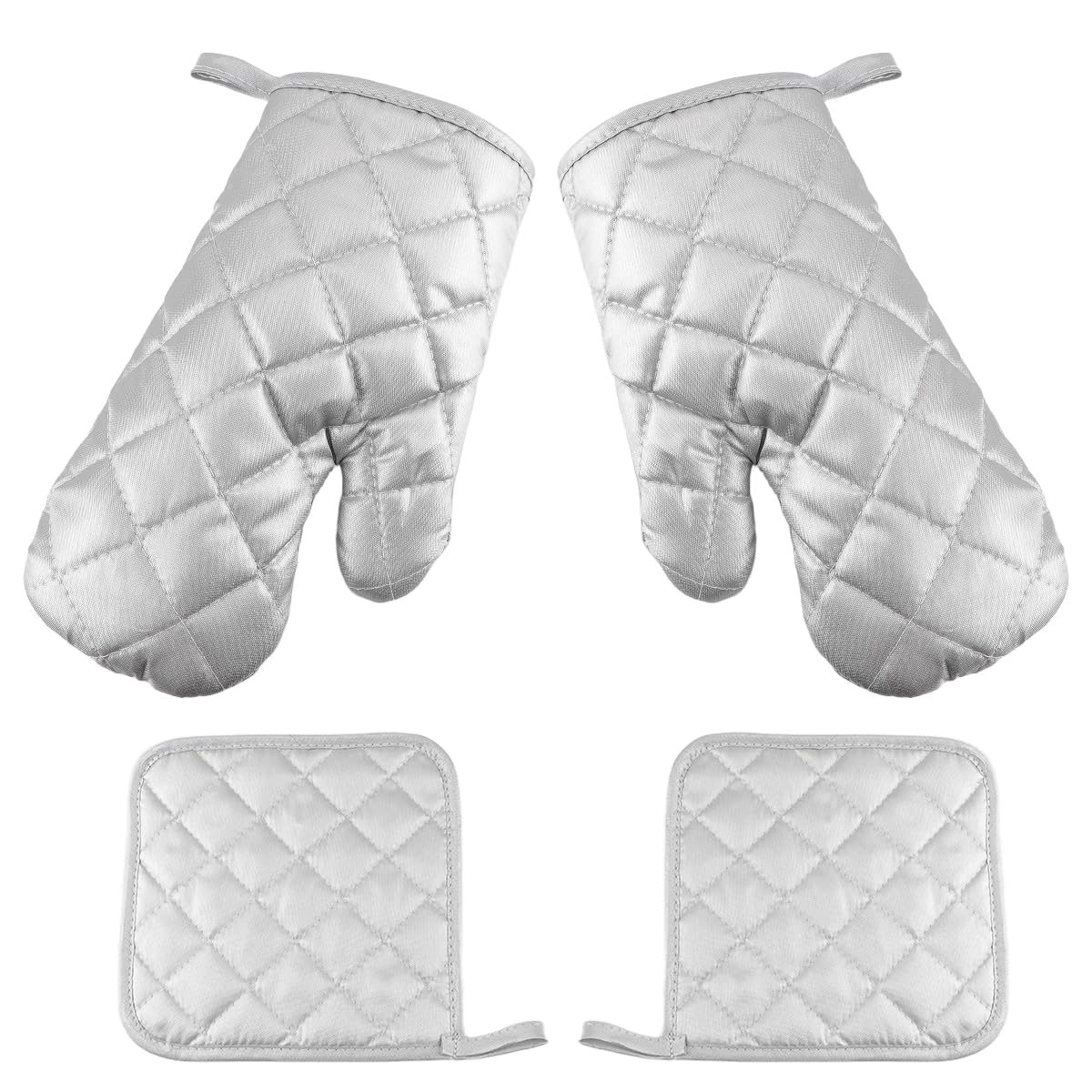 4Pcs Heat Resistant Oven Mitts & Pot Holders Set - Cotton Kitchen Gloves for Baking, Cooking, BBQ & Microwave Use - Silver Adult Size for Safe Food Handling & Hot Dish Protection
