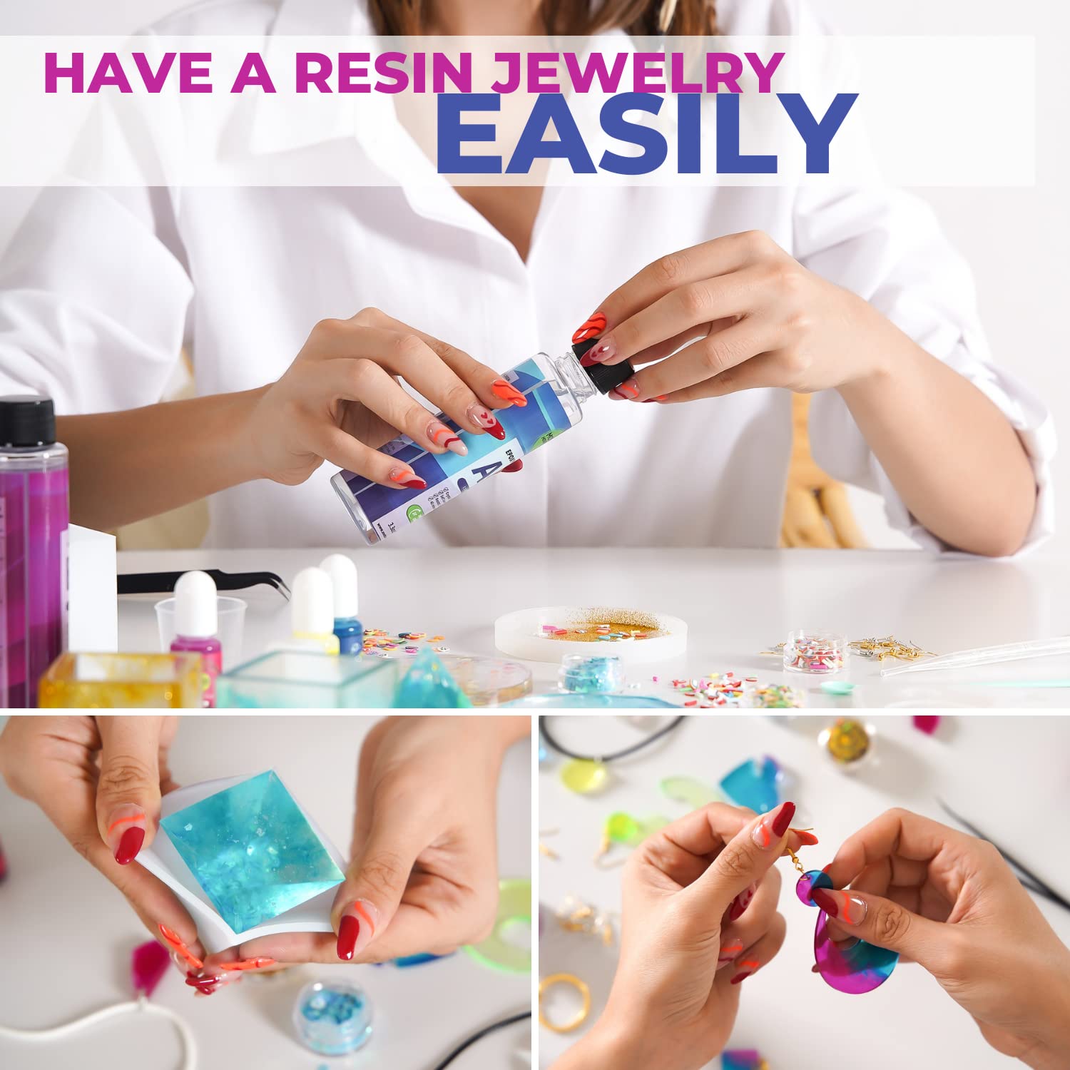 Premium Epoxy Resin Kit for Jewelry Making - Crystal Clear, Self-Leveling, UV & Yellowing Resistant, Bubble-Free - Perfect for DIY Crafts, Resin Casting, Coating, and Art Projects - Easy 1:1 Mix Ratio with Hardener (16oz) - Ideal for Pendants, Earrings, Bracelets & Home Decor