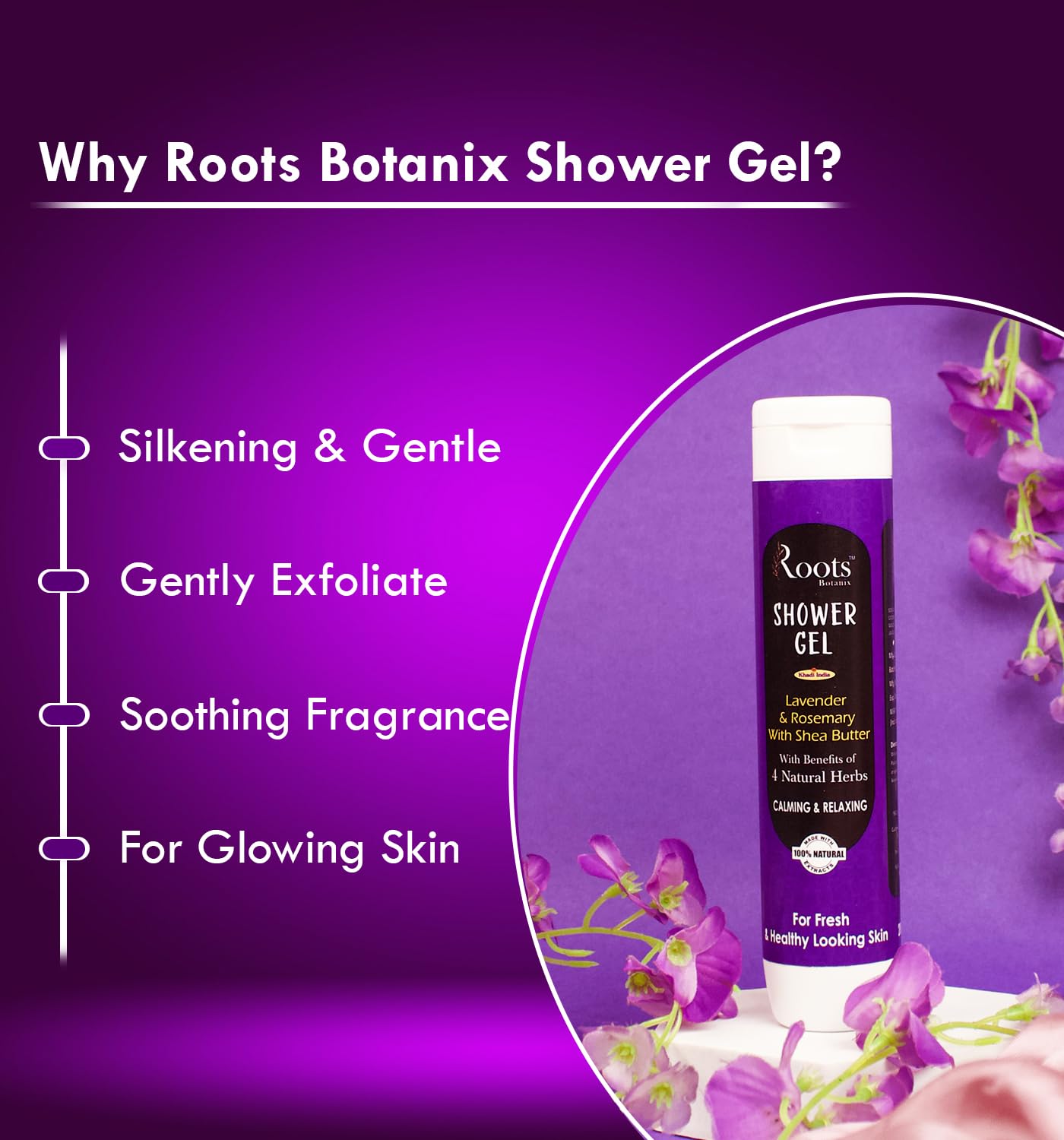 Roots Botanix Natural Lavender & Rosemary Shower Gel with Shea Butter - Moisturizing Body Wash for Dry Skin (200ml) - Relaxing Aromatherapy for Stress Relief & Better Sleep