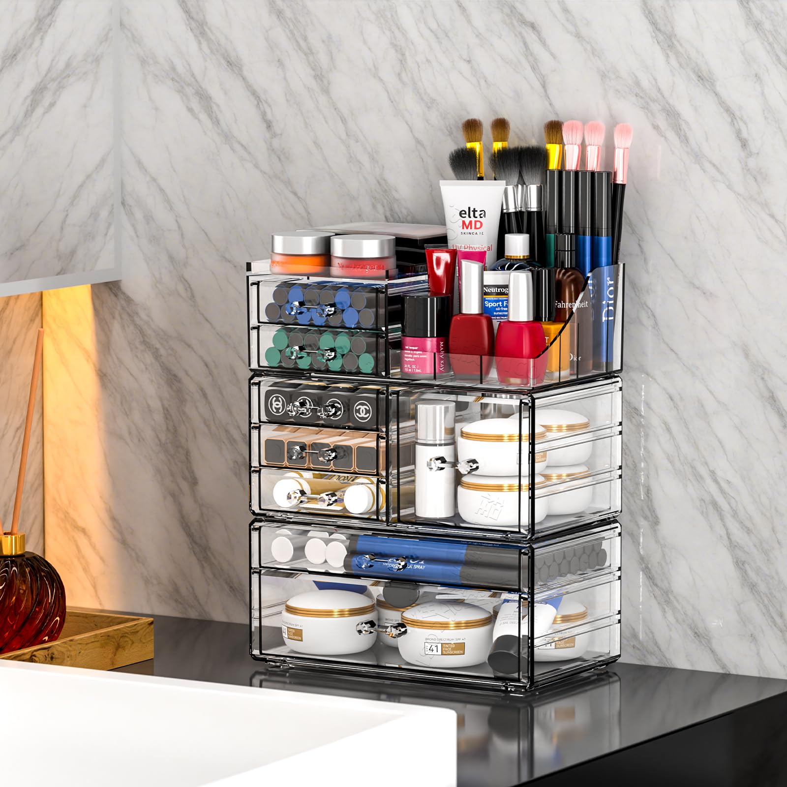 8-Drawer Clear Acrylic Makeup Organizer & Storage Case - Stackable Cosmetic Display Stand for Jewelry, Hair Accessories & Skincare Products | Perfect for Vanity, Bathroom & Dressing Table Organization