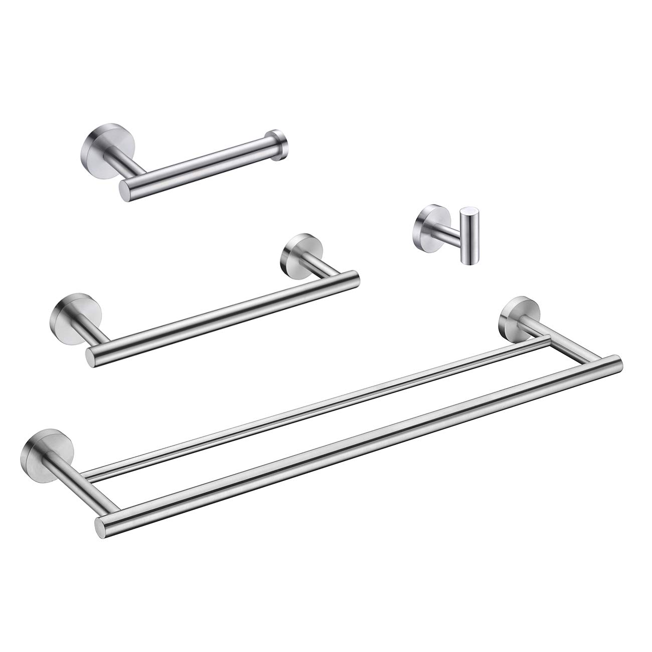 Premium 4-Piece Brushed Stainless Steel Bathroom Accessory Set - Wall Mounted Towel Bar, Hand Towel Rack, Toilet Paper Holder & Robe Hooks (BS100S4-BN) - Modern Bathroom Organization for Homes & Hotels