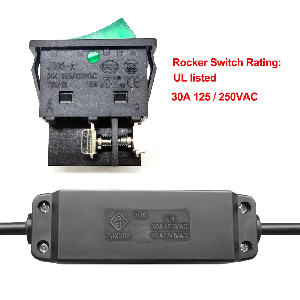 30A Heavy Duty Inline On/Off Rocker Switch - AC 125V/250V High Power Appliance Switch with Green LED for Lamps, Equipment & Industrial Use - Perfect for Workshops, Home Appliances & DIY Projects