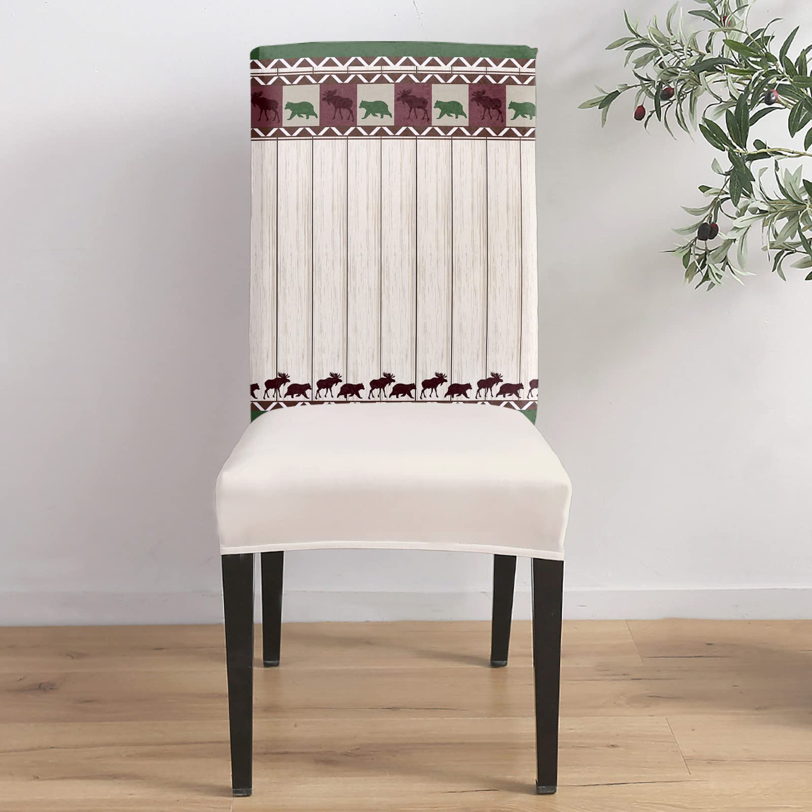 Farmhouse Style Autumn Dining Chair Covers Set of 6 - Stretchable Slipcovers with Bear & Deer Wood Grain Pattern - Universal Fit for Kitchen, Banquet, Hotel - Perfect for Fall Decor, Thanksgiving Dinner & Cozy Home Gatherings