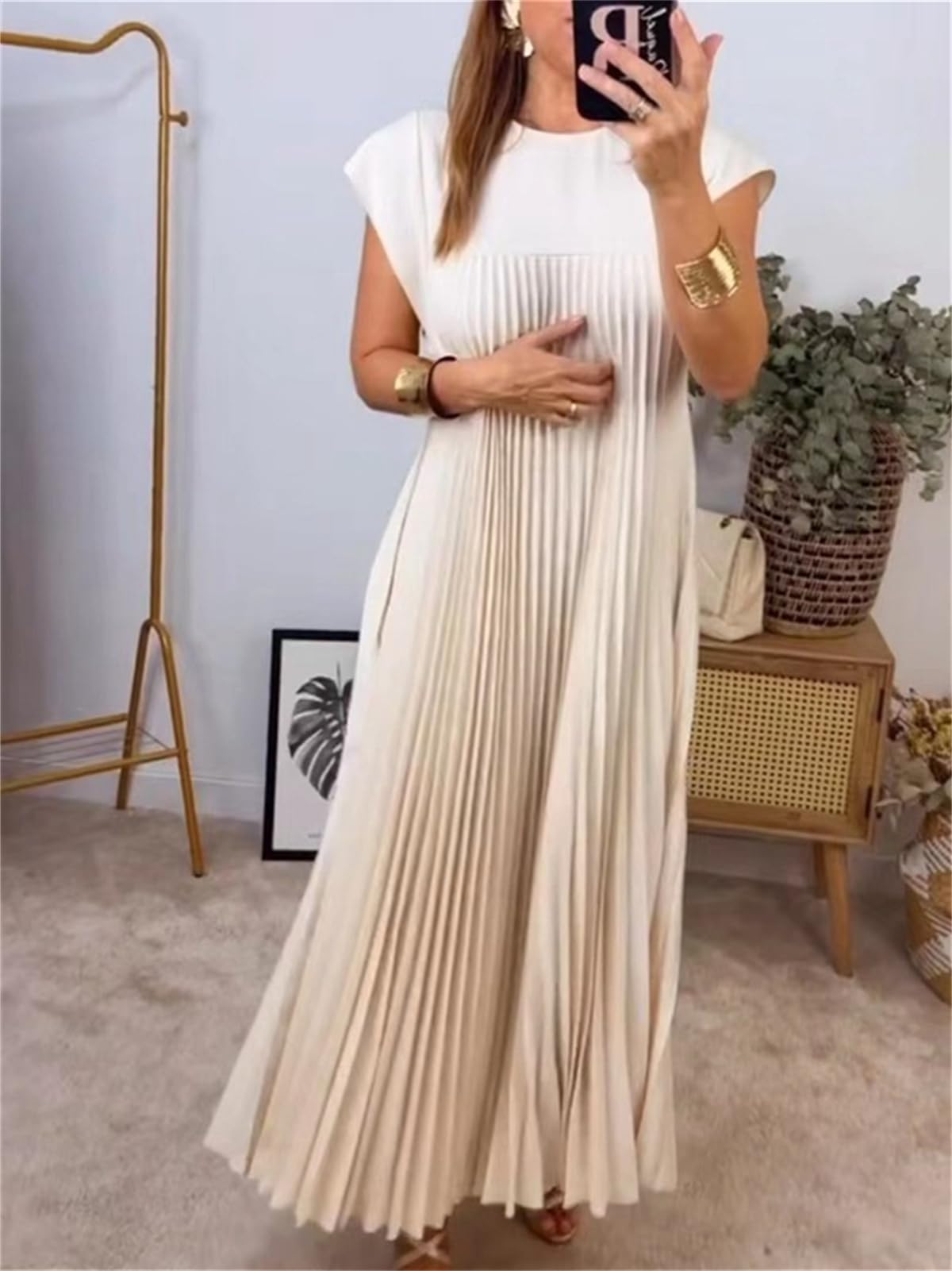 Women's Summer Short Sleeve Maxi Dress 2025 - Pleated Casual Loose Long Dress with Pockets | Beach Cover Up, Vacation Outfit, Boho Chic Style