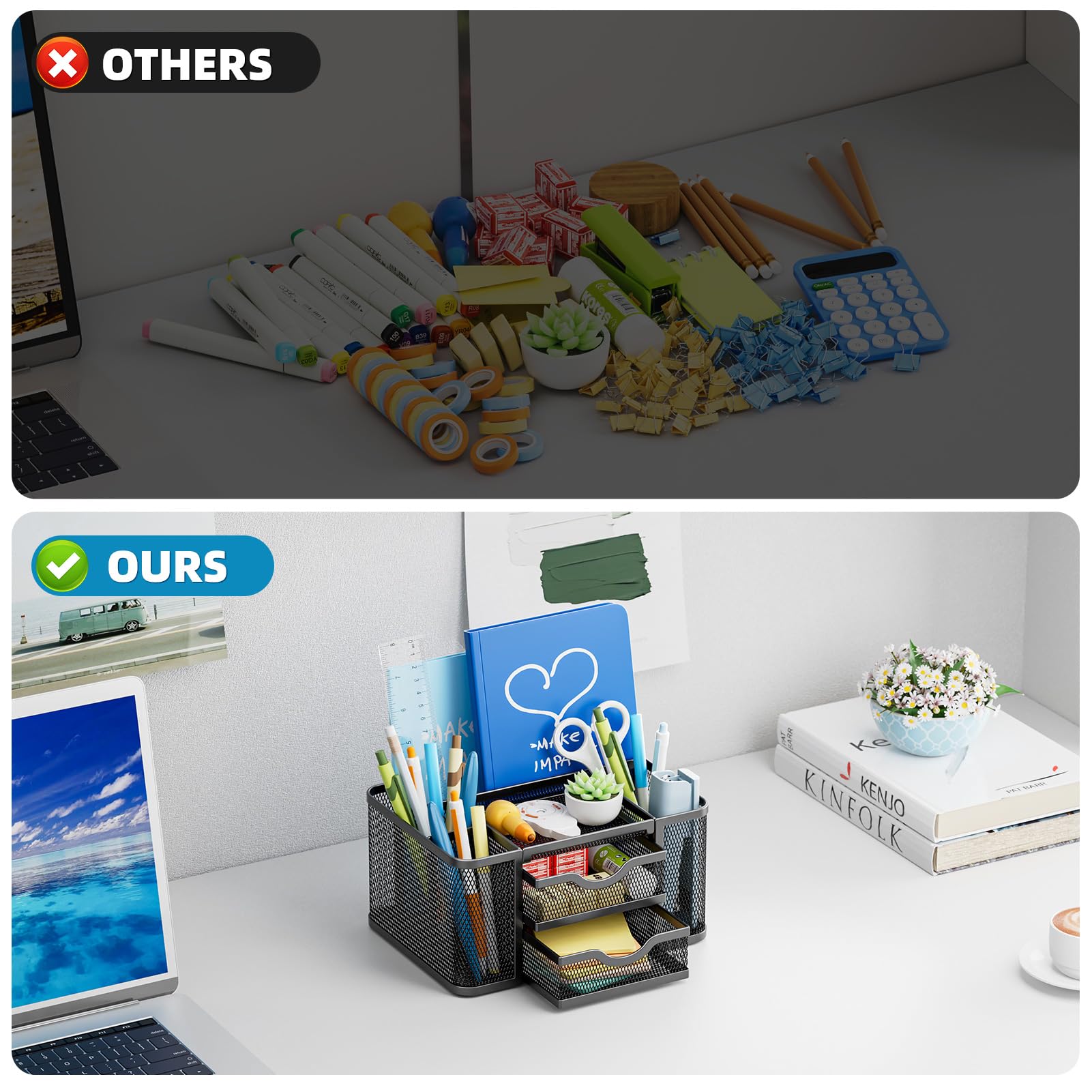 Marbrasse Mesh Desk Organizer with 2 Drawers - Multi-Functional Pen & Pencil Holder for Office, School & Home - 5 Compartments Storage for Art Supplies, Stationery & Desk Accessories (Black) - Perfect for Workspace Organization & Decluttering