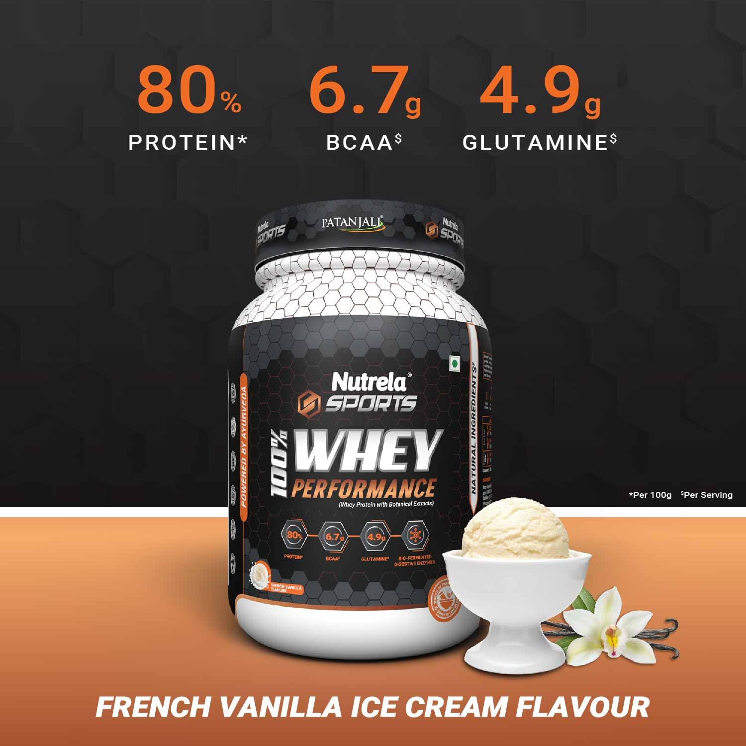 Patanjali NUTRELA Sports Whey Protein Powder Concentrate & Isolate - 1kg Vanilla Ice Cream Flavor | 24g Protein, 6.7g BCAA, 4.9g Glutamine with Digestive Enzymes | Post-Workout Recovery & Muscle Building Supplement for Athletes & Fitness Enthusiasts