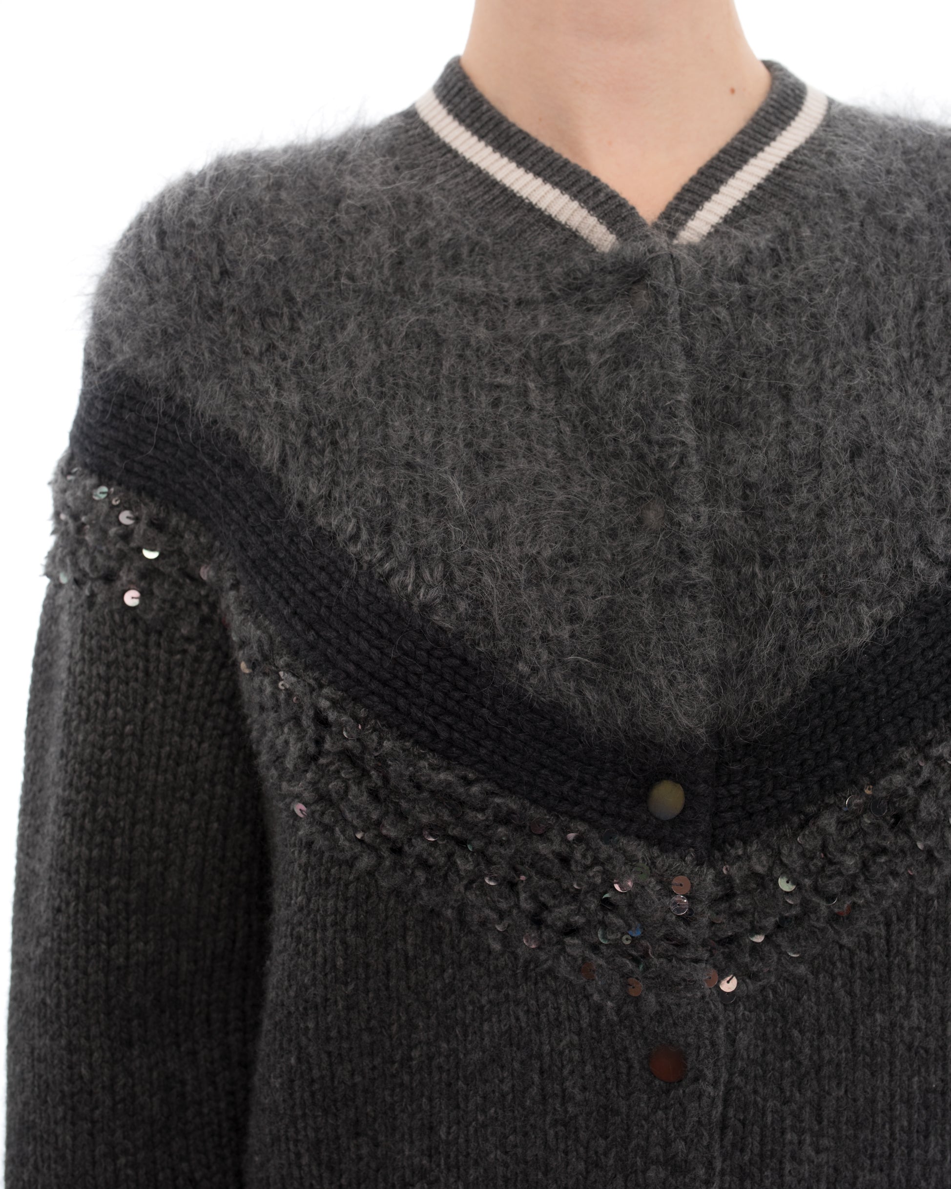 Brunello Cucinelli Grey Chunky Knit Mohair Wool Collegiate Sweater for Men - Cozy Winter Pullover for Casual Outings & Office Wear