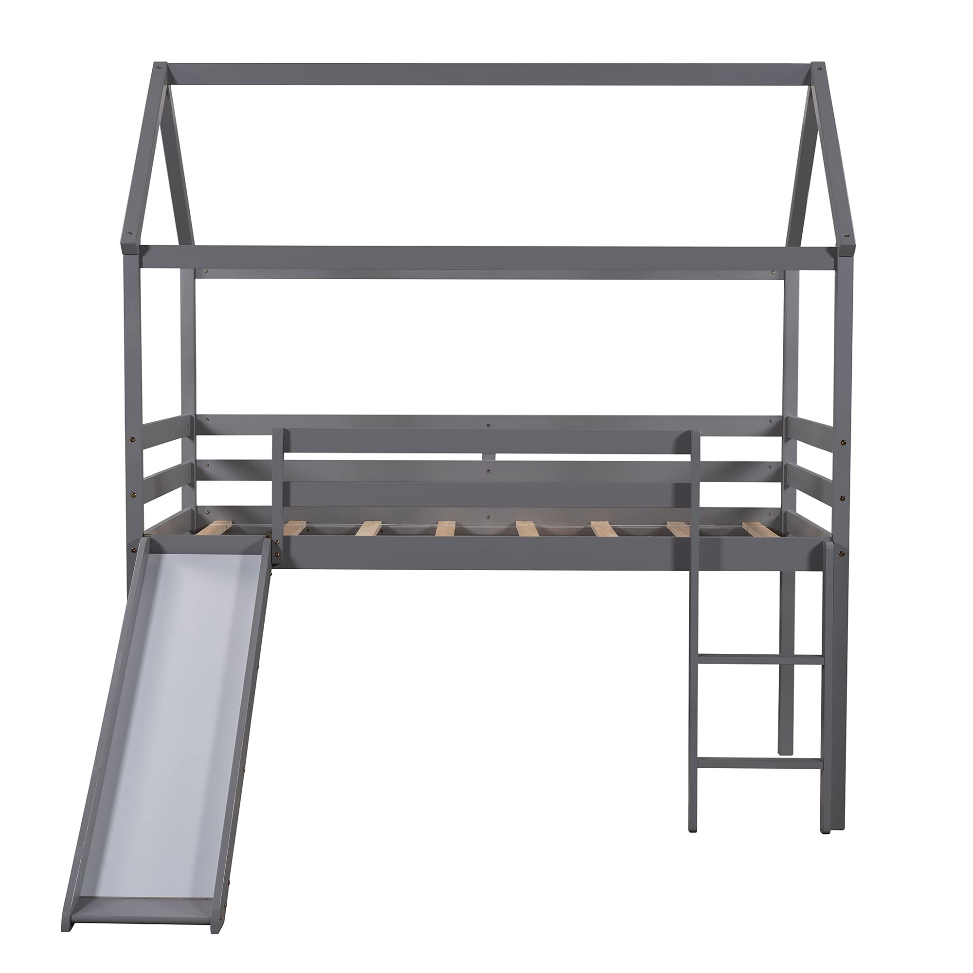 Solid Wood Kids Loft Bed with Slide - Twin Size Wooden House Bed Frame with Roof & Ladder - No Box Spring Needed - Gray - Perfect for Small Bedrooms & Playrooms