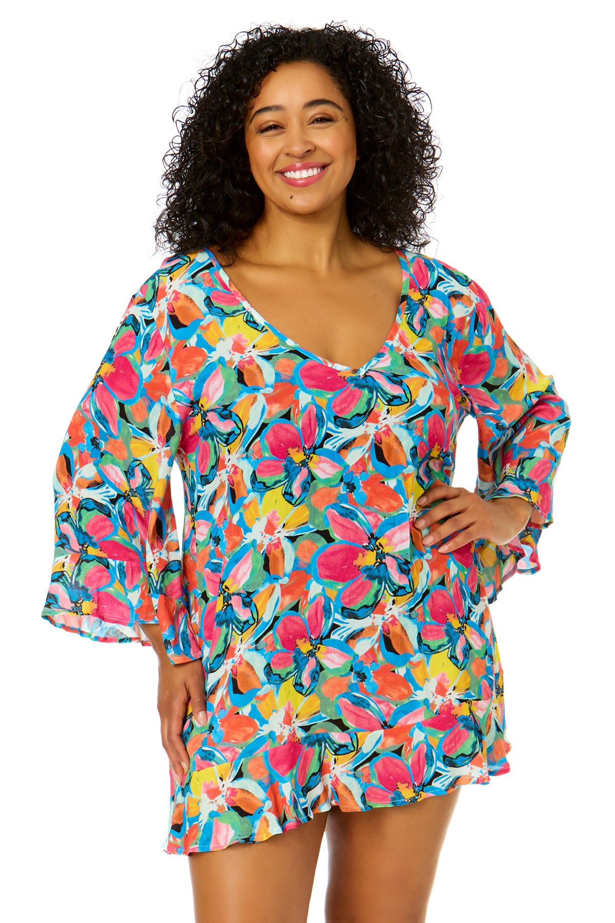 Plus Size Floral V-Neck Tunic Swimsuit Cover Up for Women - Beachwear, Poolside Lounging & Summer Vacation Outfit