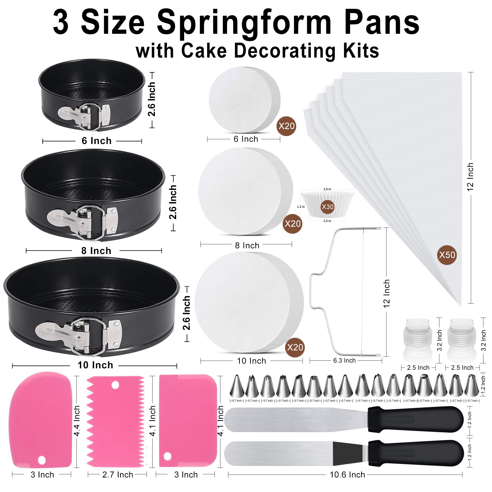 167-Piece Nonstick Springform Pan Set - 6/8/10 Inch Leakproof Round Cake Pans with Removable Bottom & Decorating Tools | Perfect for Cheesecake, Baking, and Party Dessert Preparation