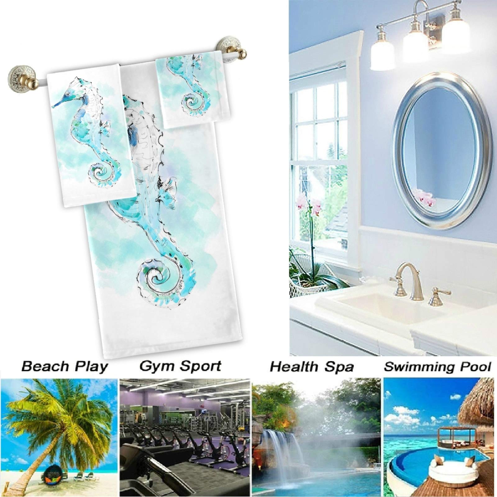 Cute Seahorse Luxury Bath Towel Set - 3 Piece Soft Decorative Towels (1 Bath, 1 Hand, 1 Washcloth) for Bathroom, Hotel, Gym, Spa & Kitchen | Perfect for Beach House Decor, Guest Bathrooms & Spa Days