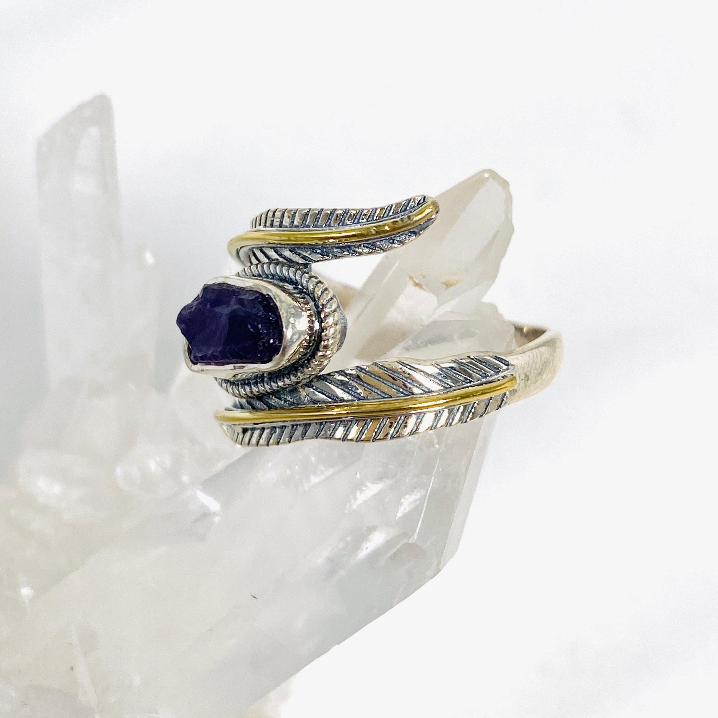 Natural Amethyst Leaf Raw Stone Ring R4224 - Handmade Bohemian Jewelry for Women, Perfect for Boho Chic, Festivals & Everyday Wear