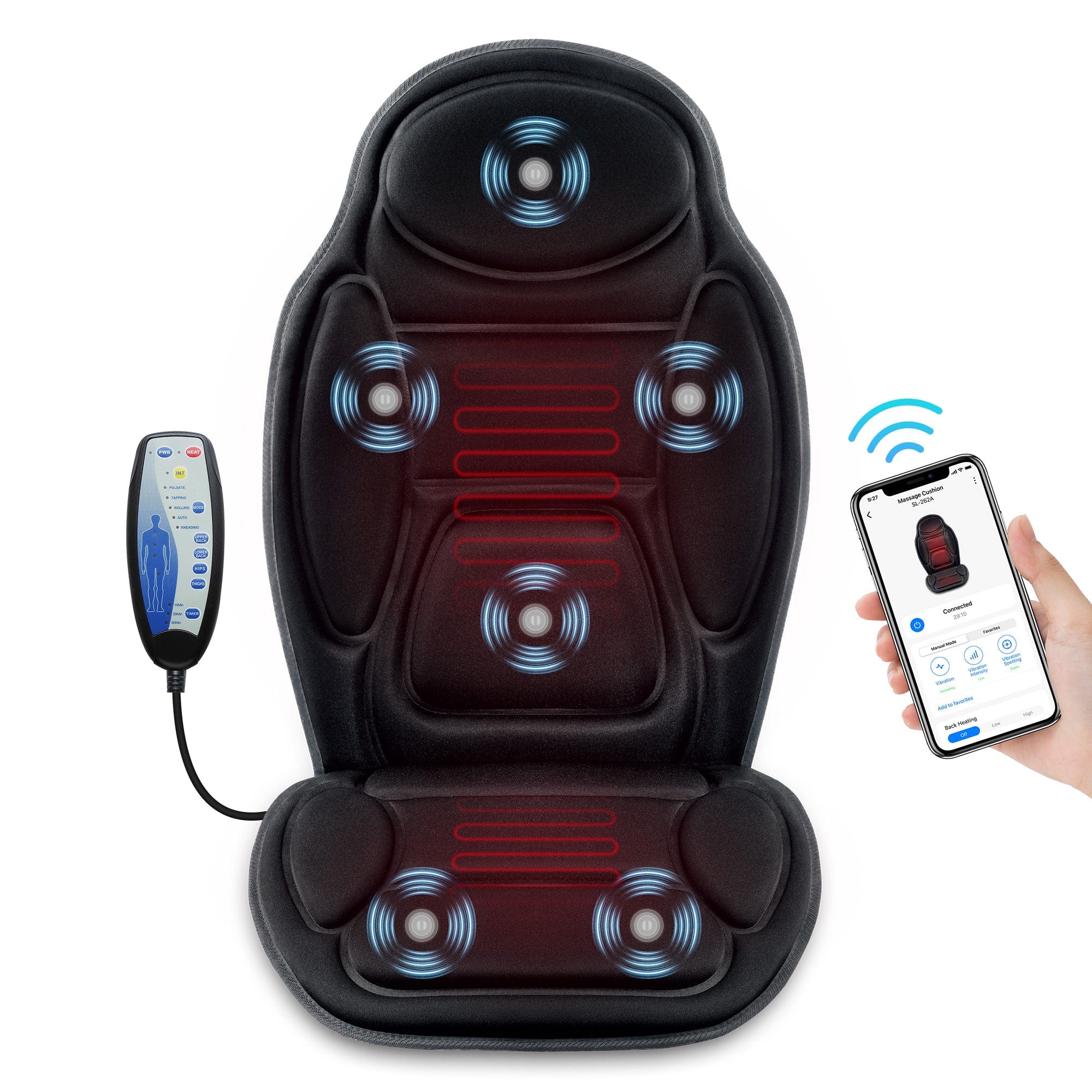 Snailax Memory Foam Vibration Back Massager with Heat - 6 Vibrating Motors & 2 Heat Levels for Pain Relief - Perfect for Home, Office & Car Use
